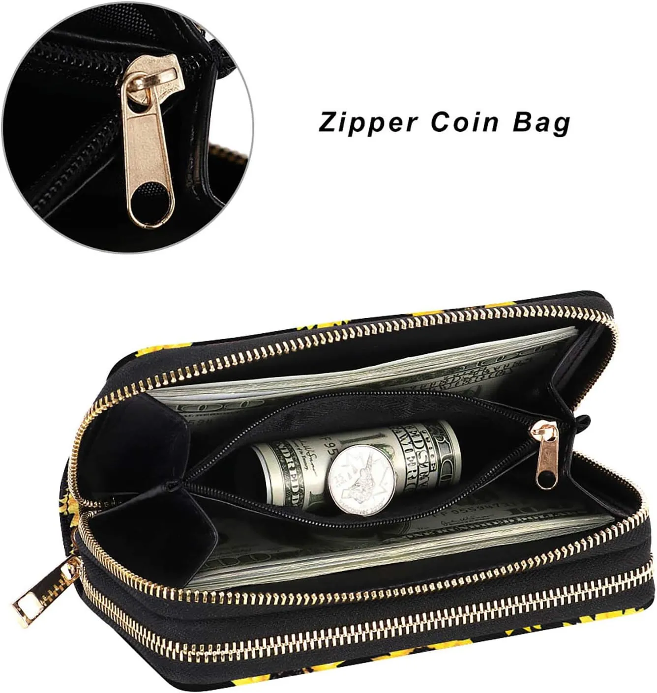 Double Zipper Wallet for Woman Clutch Purse with Cell Phone Holder for Smartphone/Card/Coin/Cash