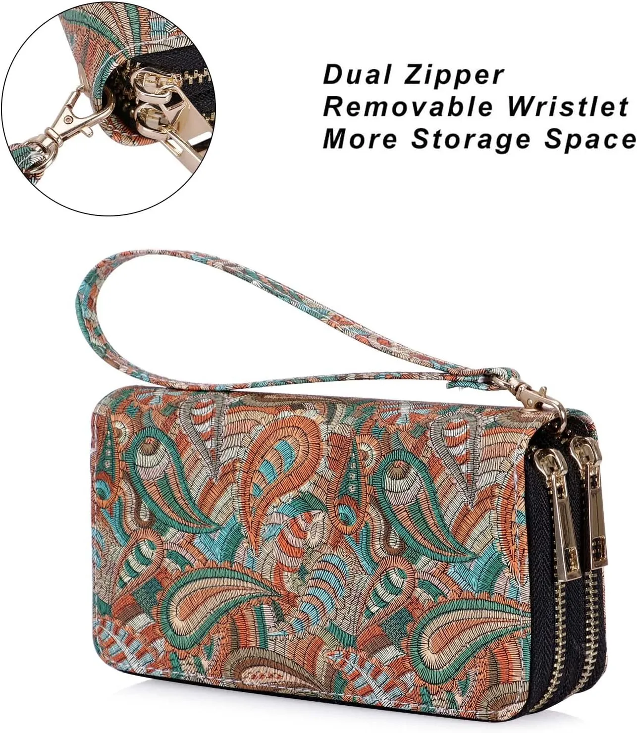 Double Zipper Wallet for Woman Clutch Purse with Cell Phone Holder for Smartphone/Card/Coin/Cash
