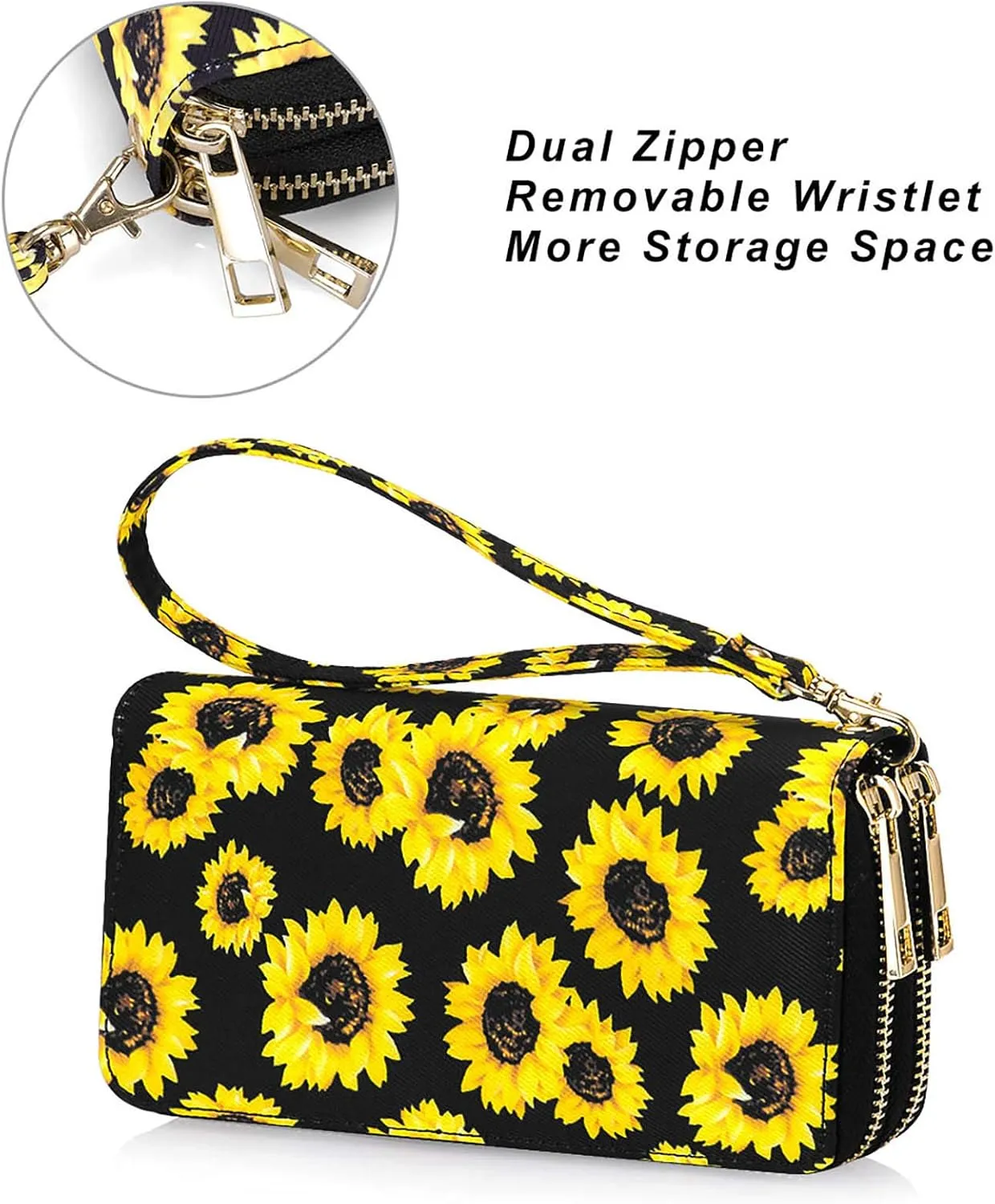 Double Zipper Wallet for Woman Clutch Purse with Cell Phone Holder for Smartphone/Card/Coin/Cash