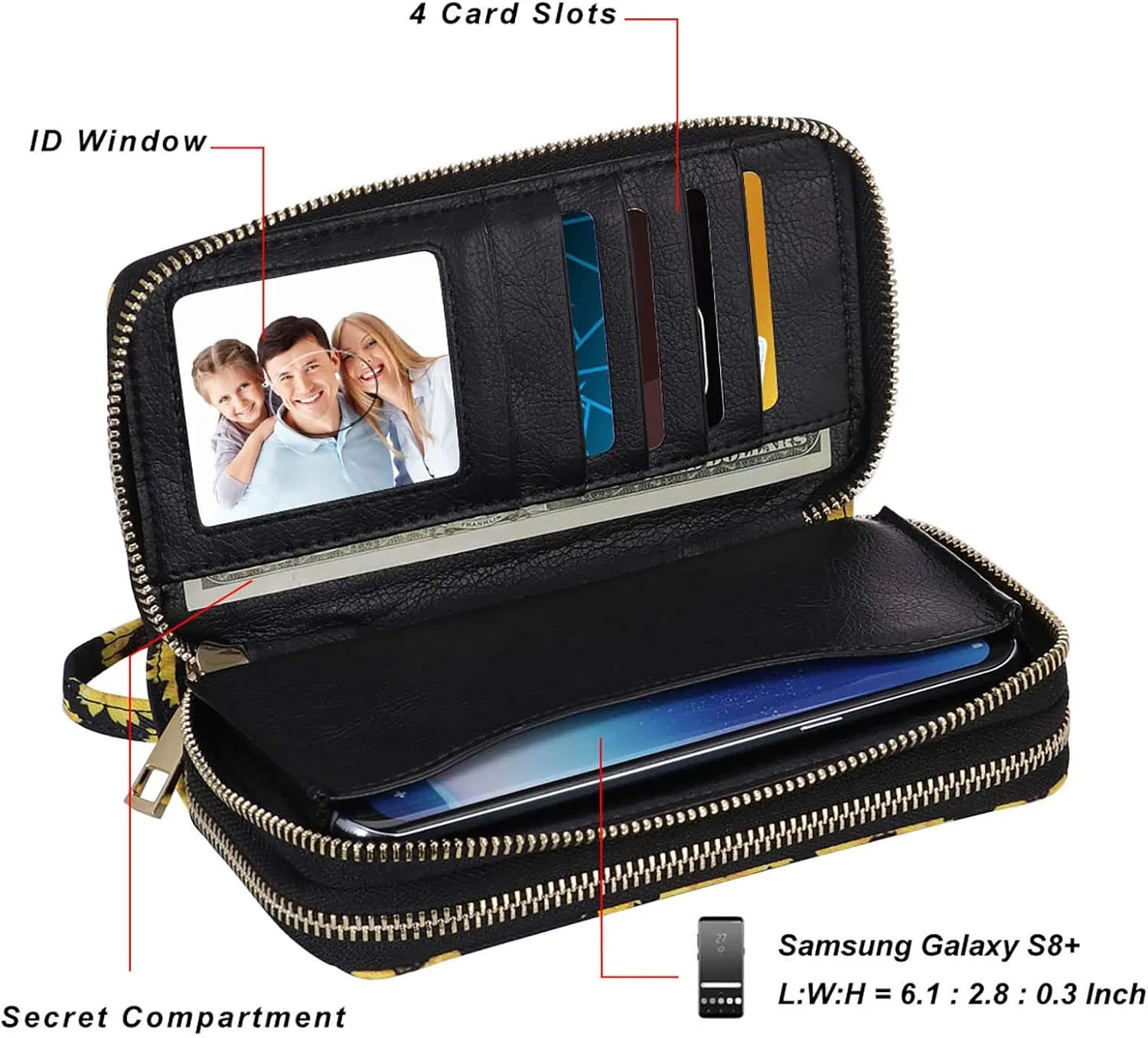 Double Zipper Wallet for Woman Clutch Purse with Cell Phone Holder for Smartphone/Card/Coin/Cash