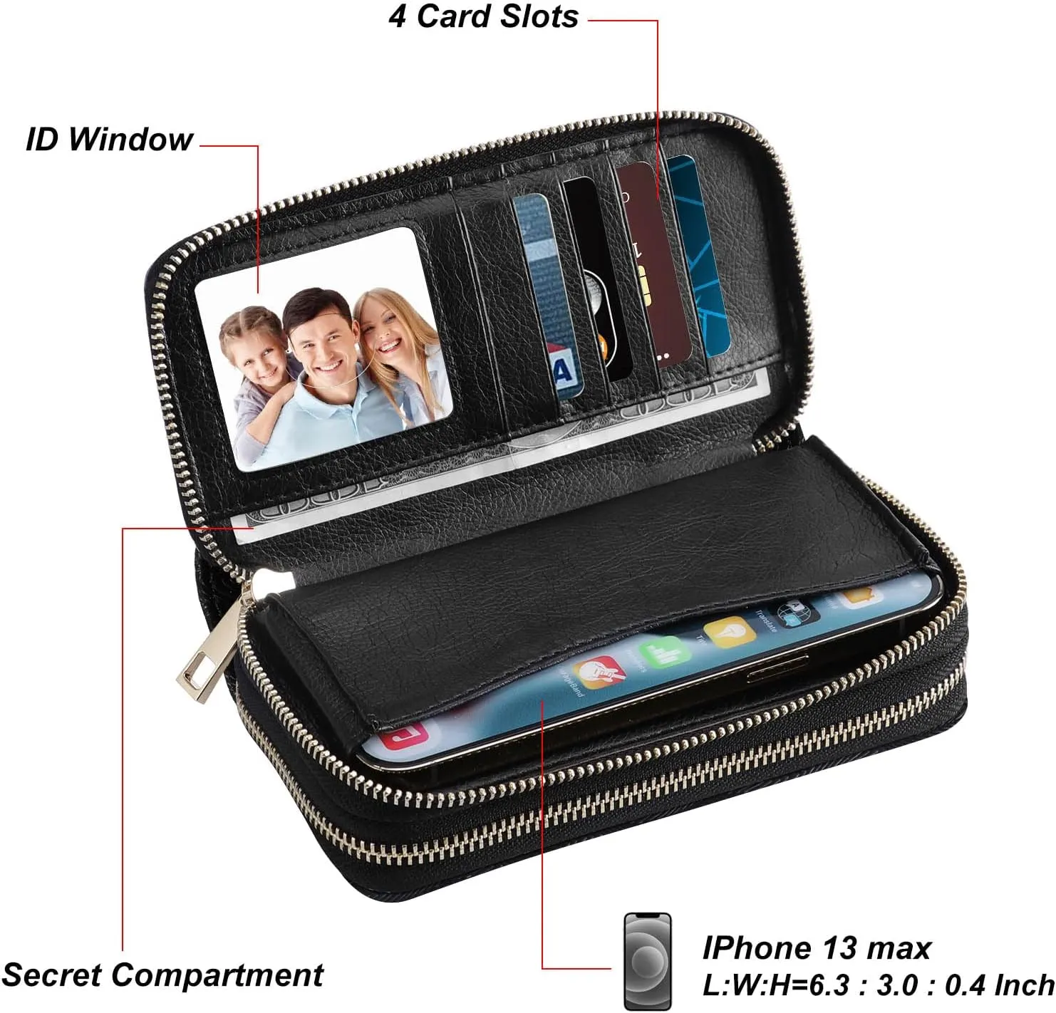 Double Zipper Wallet for Woman Clutch Purse with Cell Phone Holder for Smartphone/Card/Coin/Cash