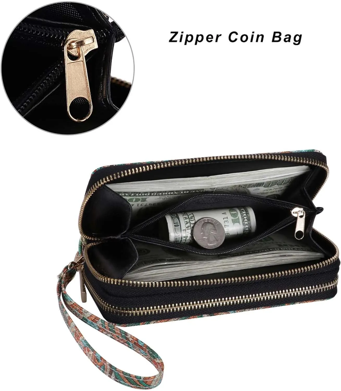 Double Zipper Wallet for Woman Clutch Purse with Cell Phone Holder for Smartphone/Card/Coin/Cash