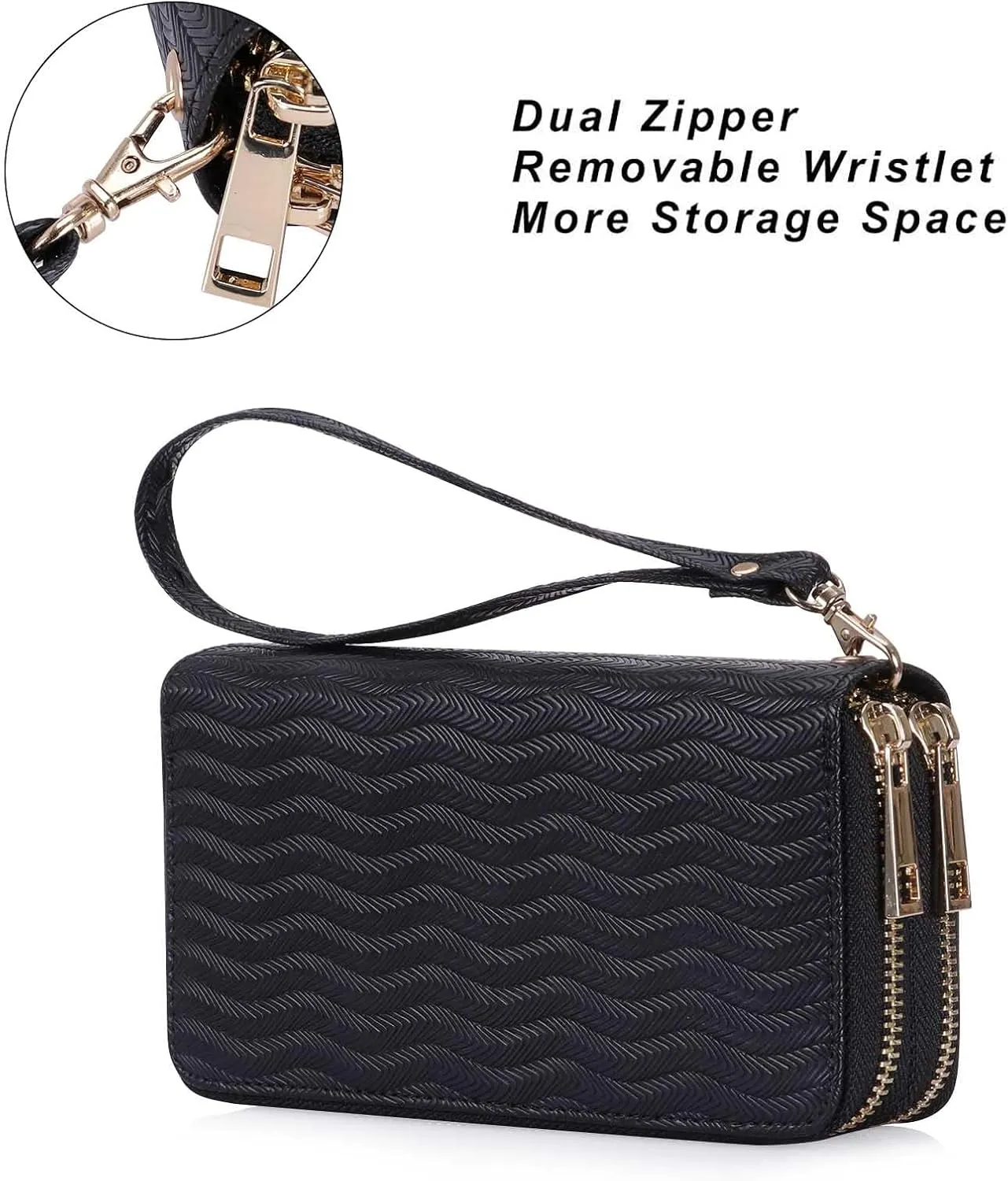 Double Zipper Wallet for Woman Clutch Purse with Cell Phone Holder for Smartphone/Card/Coin/Cash