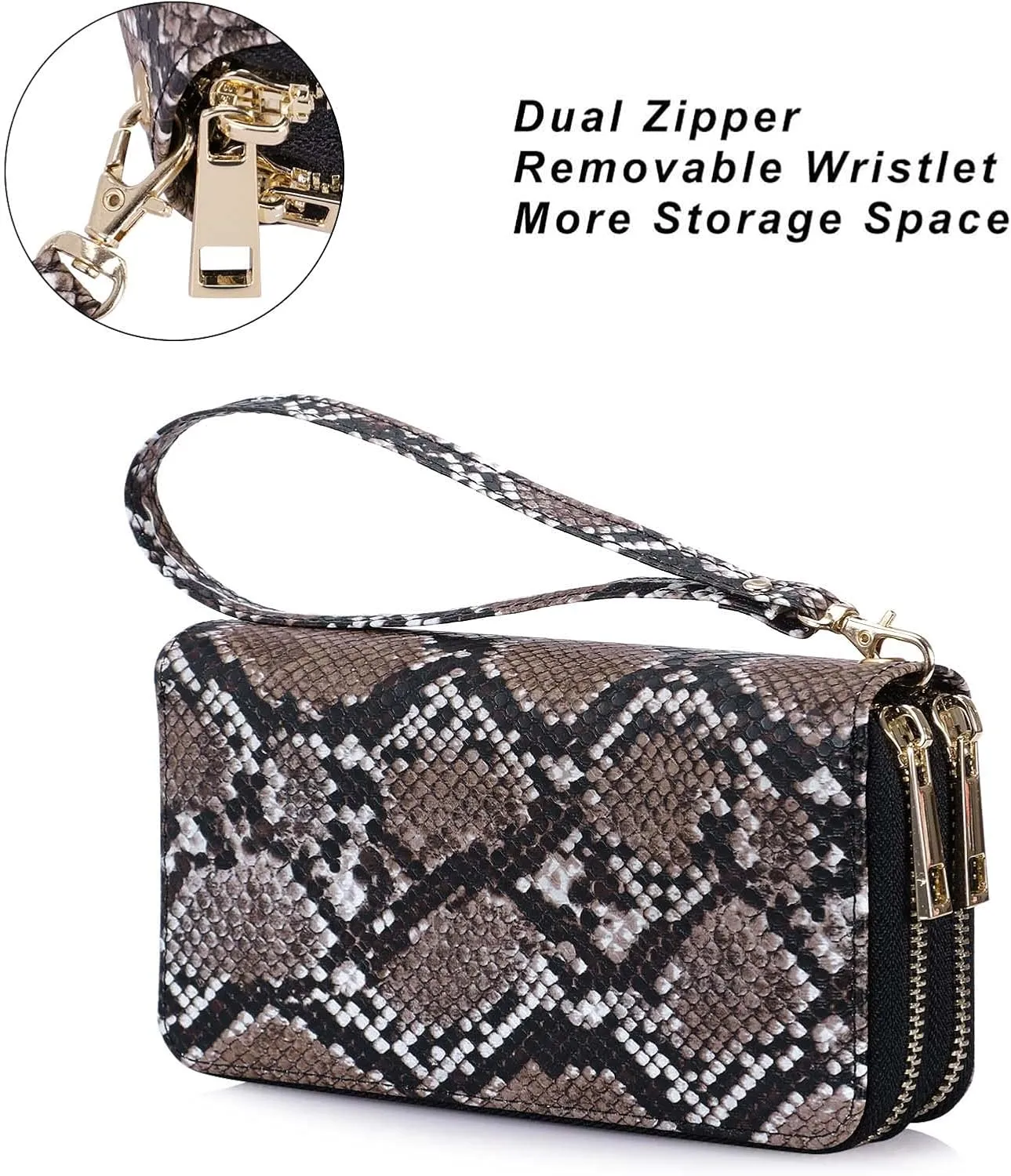 Double Zipper Wallet for Woman Clutch Purse with Cell Phone Holder for Smartphone/Card/Coin/Cash