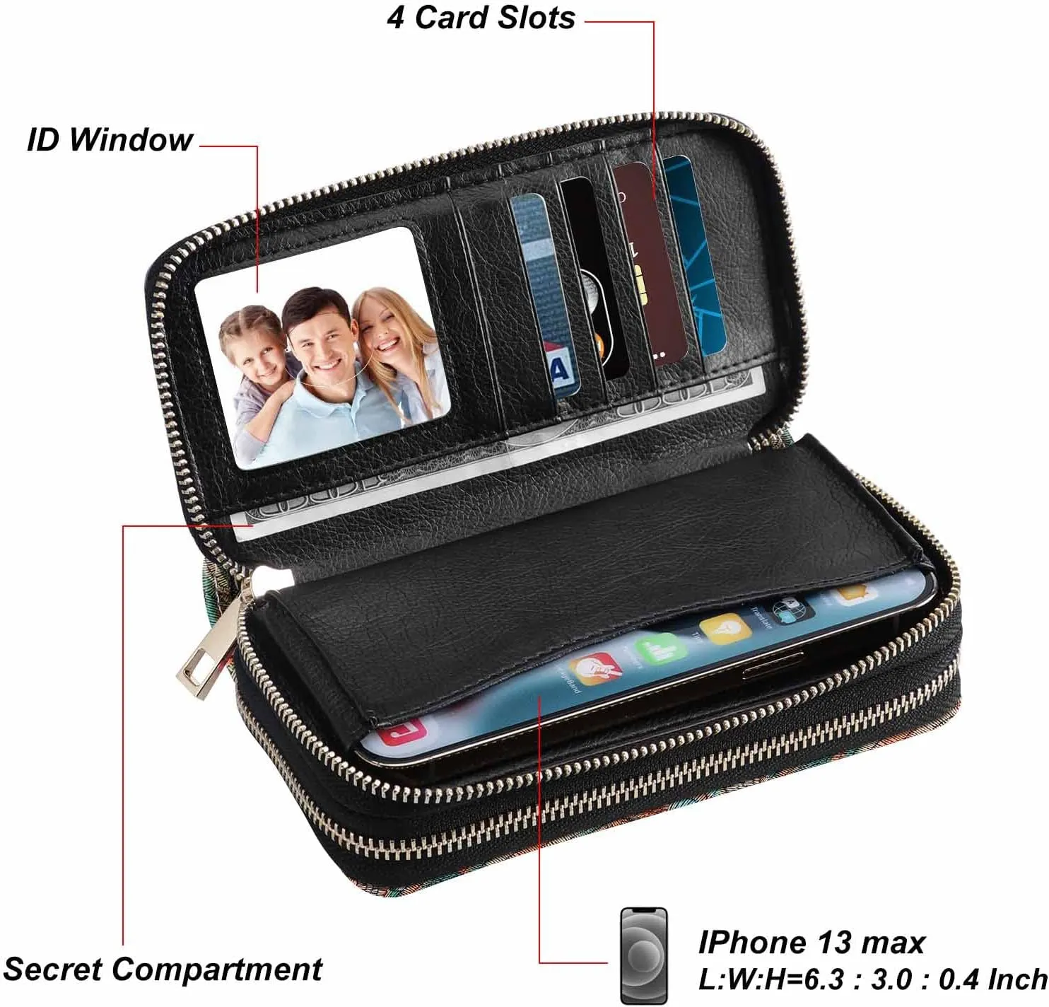 Double Zipper Wallet for Woman Clutch Purse with Cell Phone Holder for Smartphone/Card/Coin/Cash