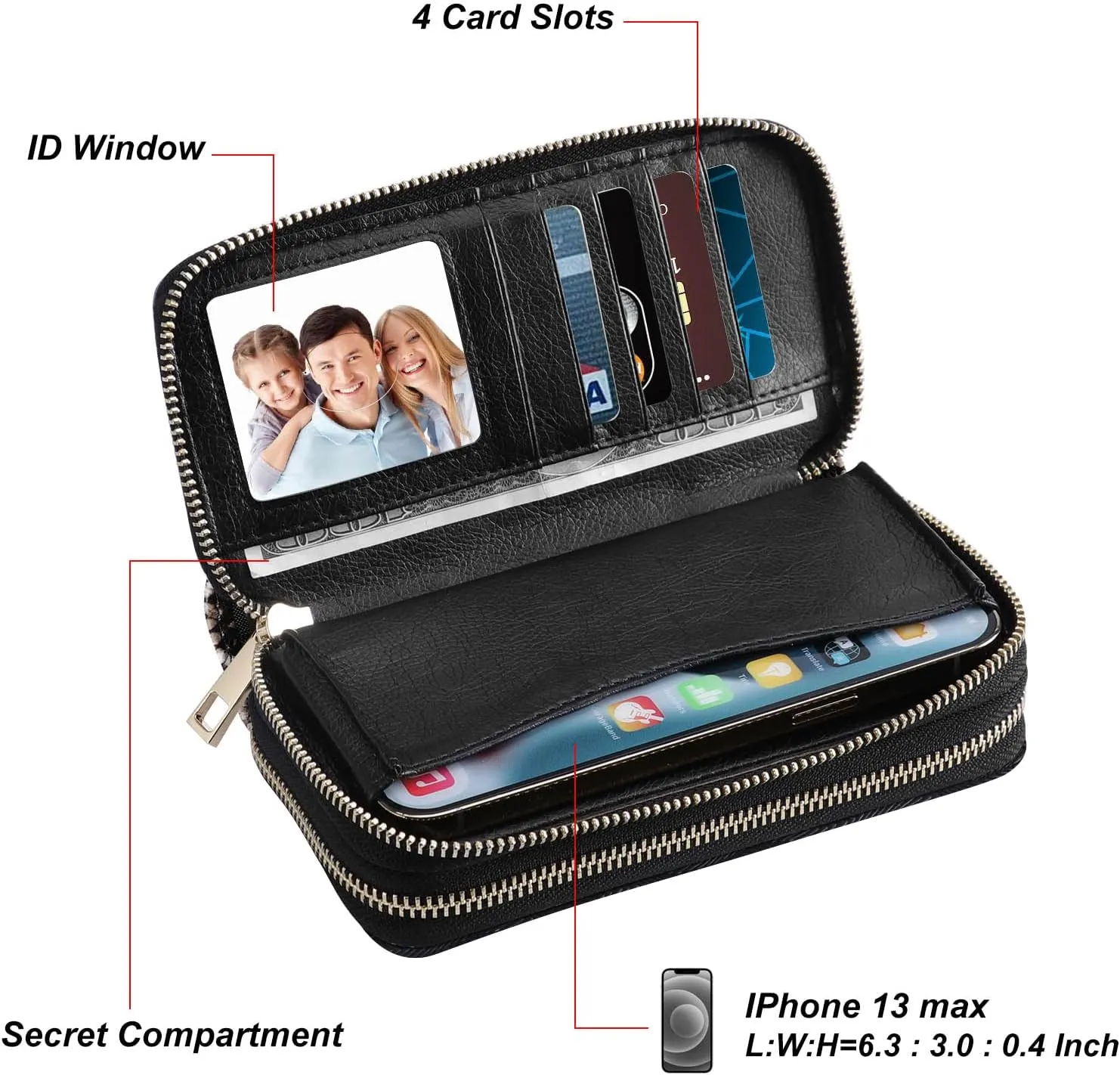 Double Zipper Wallet for Woman Clutch Purse with Cell Phone Holder for Smartphone/Card/Coin/Cash