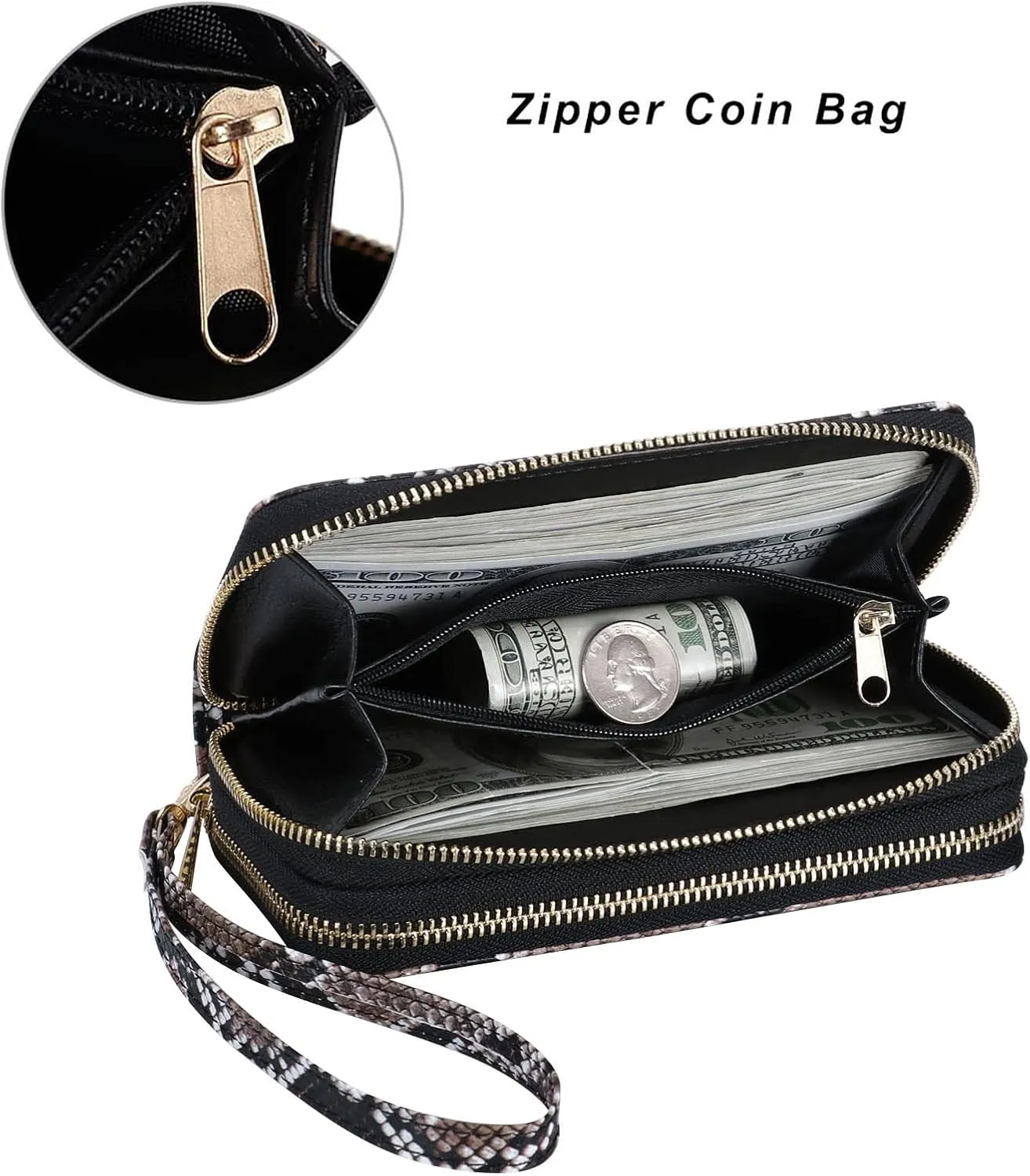 Double Zipper Wallet for Woman Clutch Purse with Cell Phone Holder for Smartphone/Card/Coin/Cash