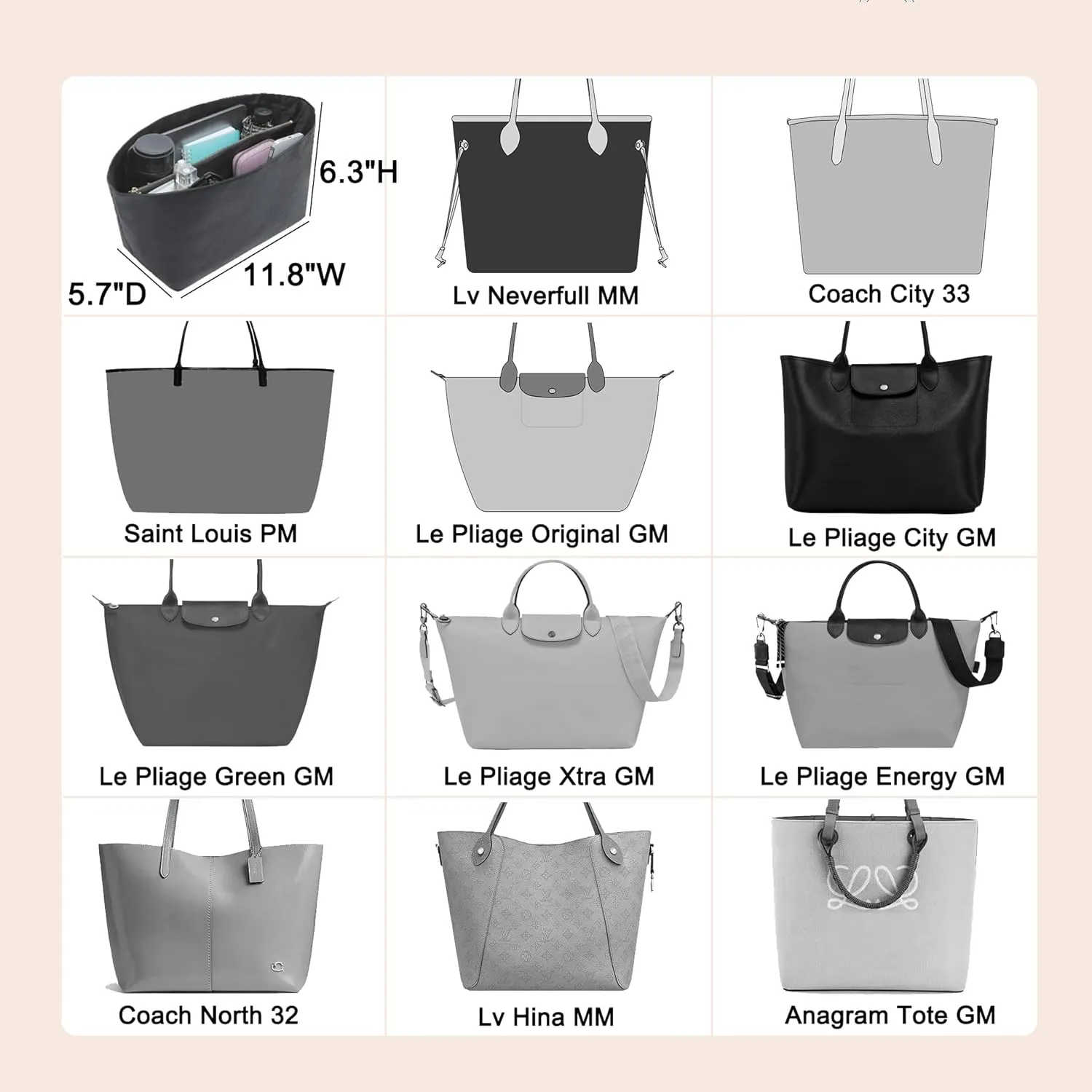 Doxo Purse Organizer Insert for Handbags Compatible with Speedy Neverfull City 30/33,Artois PM Tote bag(Large,Black)