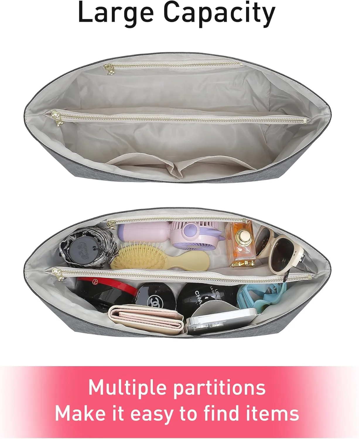 Doxo Purse Organizer Insert,Tote Bag Insert for Lv Neverfull MM,Long champ Le-pliage GM and More,Bag Organizer Insert with Zipper(Large,Black-beige)