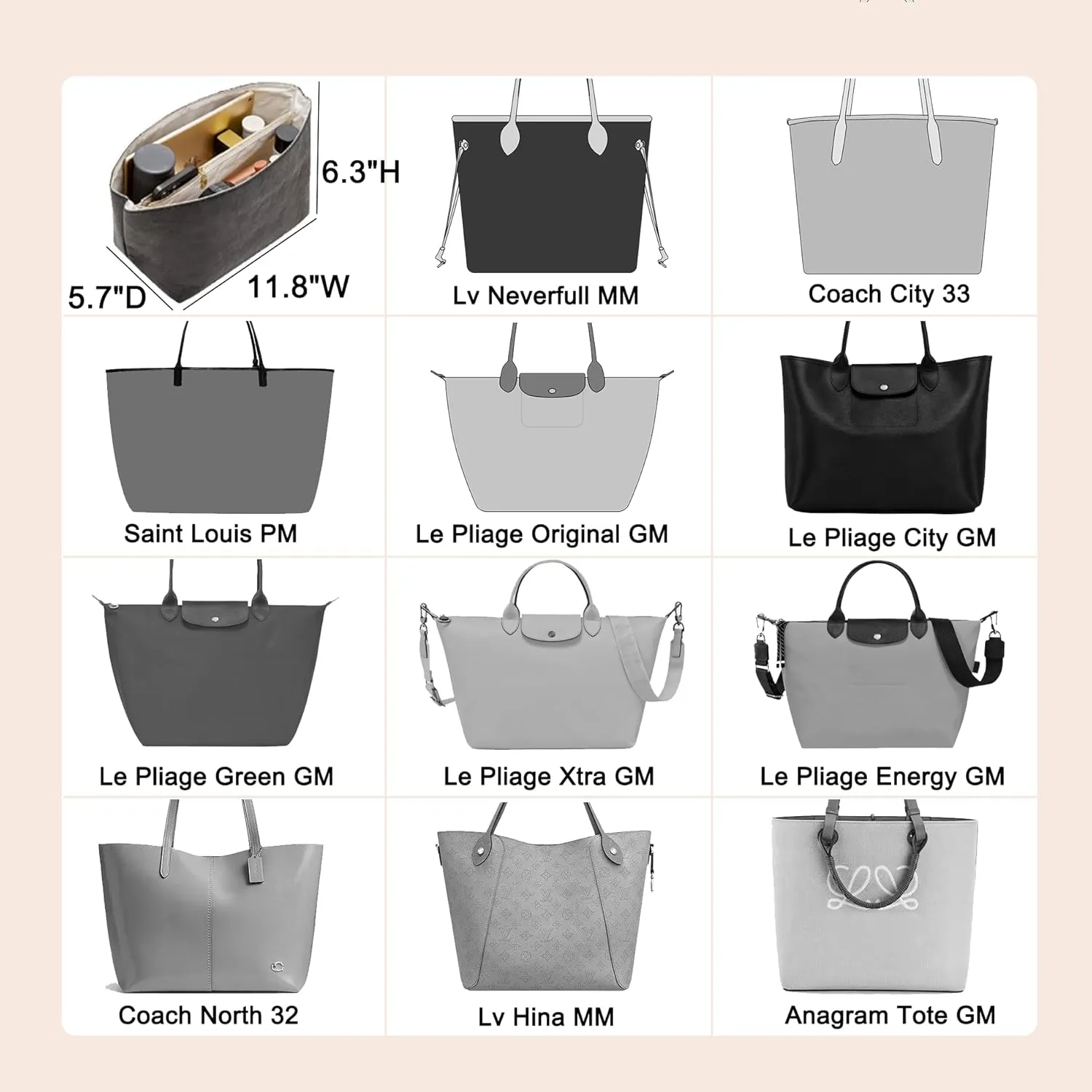 Doxo Purse Organizer Insert,Tote Bag Insert for Lv Neverfull MM,Long champ Le-pliage GM and More,Bag Organizer Insert with Zipper(Large,Black-beige)