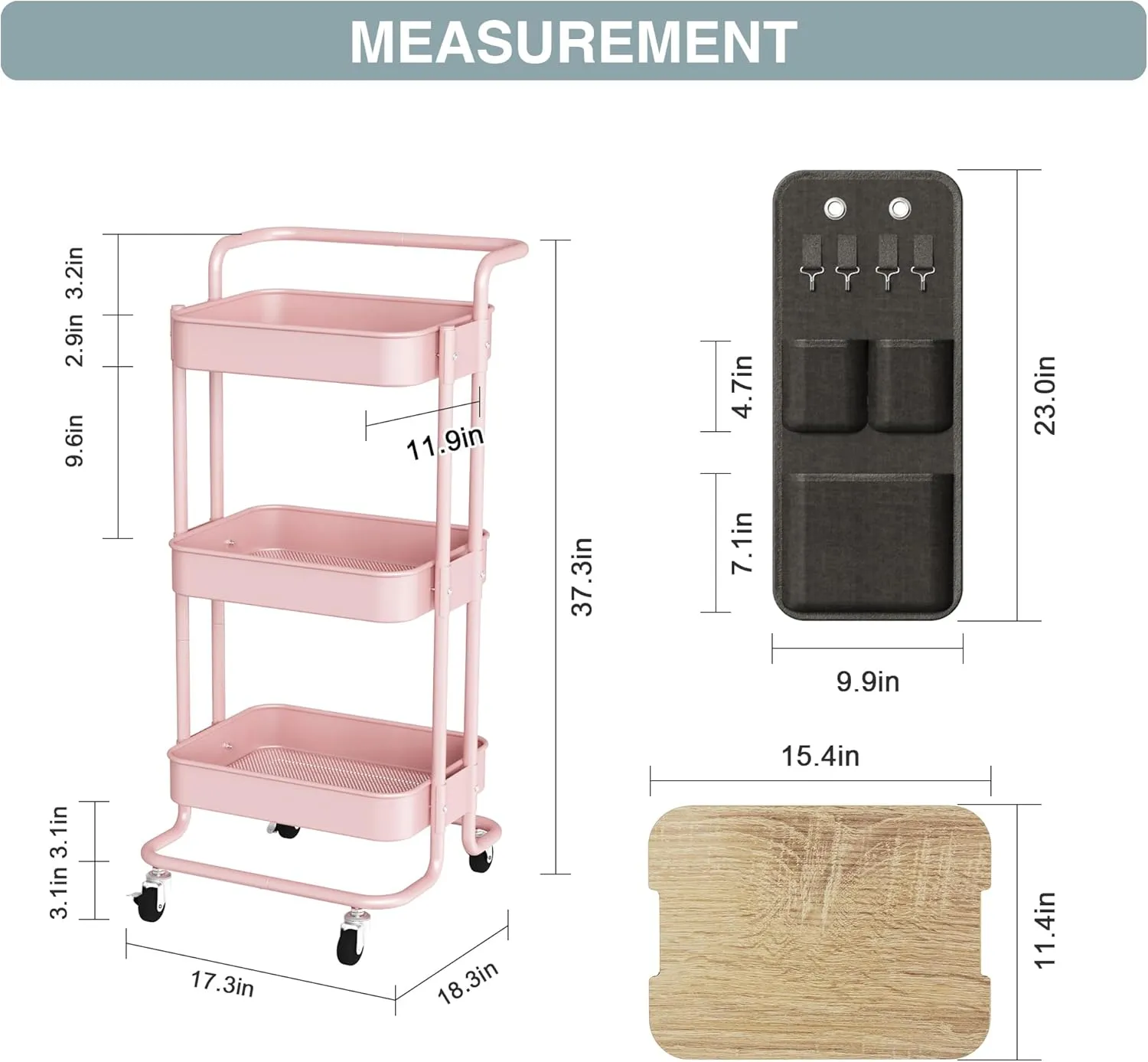 DTK 3 Tier Metal Utility Rolling Cart with Table Top and Side Bags, Metal Tray Storage Organizer Cart with Wheels, Art Craft Cart with 4 Hooks for Kitchen Bathroom Office Living Room (Pink)