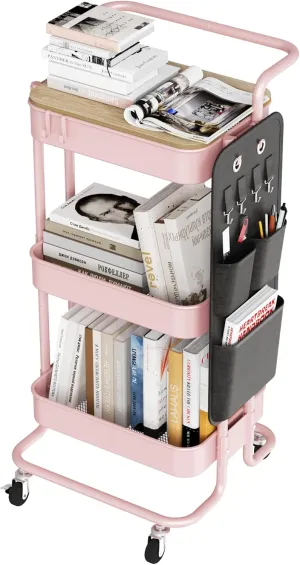 DTK 3 Tier Metal Utility Rolling Cart with Table Top and Side Bags, Metal Tray Storage Organizer Cart with Wheels, Art Craft Cart with 4 Hooks for Kitchen Bathroom Office Living Room (Pink)