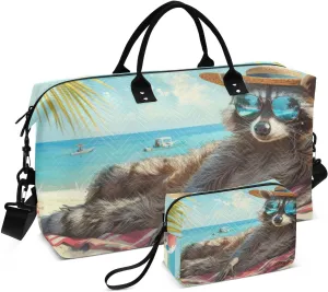 Duffel Bag for Traveling, Relaxed Raccoon Laying Beach Gym Bags with Multiple Interior Pockets for Women Men Toiletry Purse Included 20.5”x 1.9” x 13.8”
