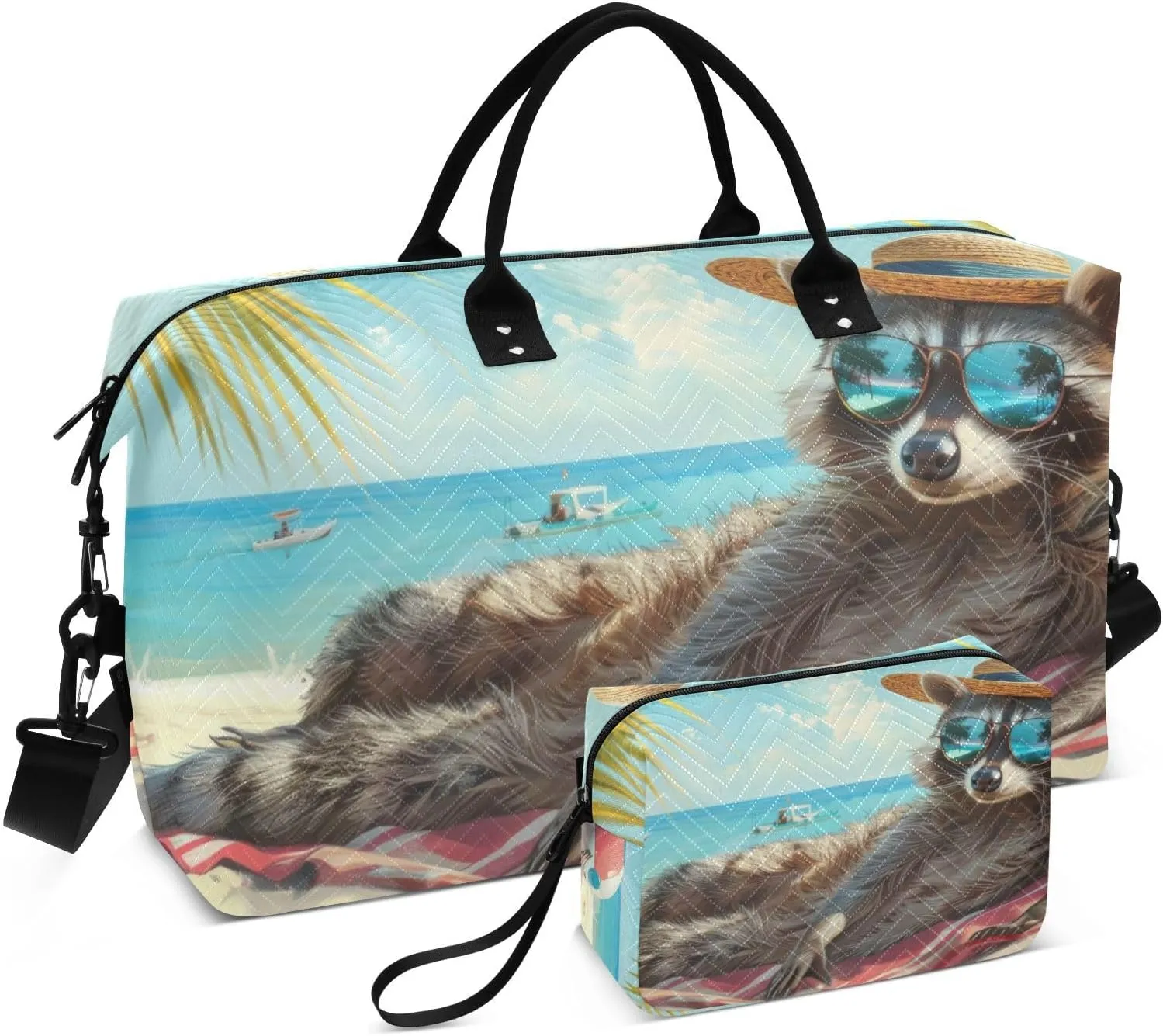 Duffel Bag for Traveling, Relaxed Raccoon Laying Beach Gym Bags with Multiple Interior Pockets for Women Men Toiletry Purse Included 20.5”x 1.9” x 13.8”