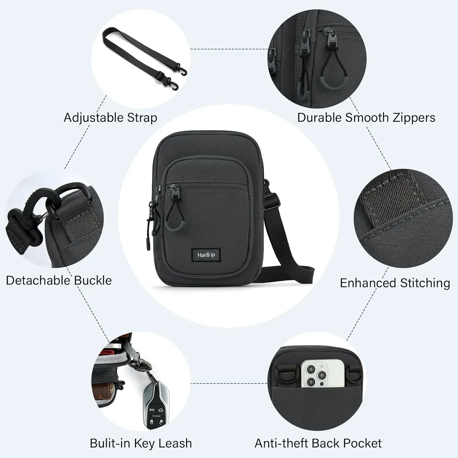 Durable Crossbody Bag for Men and Women Adjustable Shoulder Sling Bag with Multiple Zipper Pockets Unisex Daypack