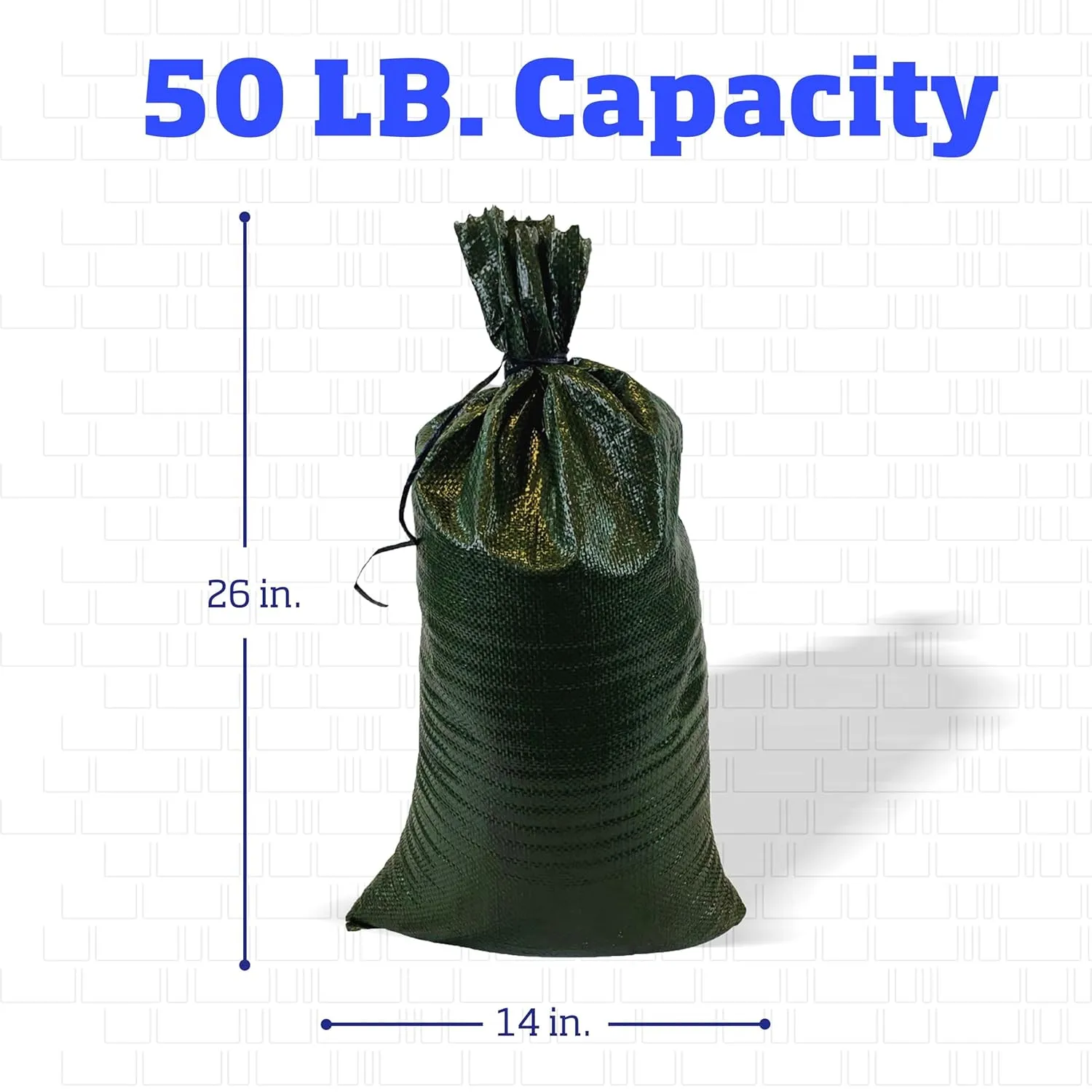 DURASACK Heavy Duty Sand Bags with Tie Strings Empty Woven Polypropylene Sand-Bags for Flood Control with 1600 Hours of UV Protection, 50 lbs Capacity, 14x26 inches, Green, Pack of 20