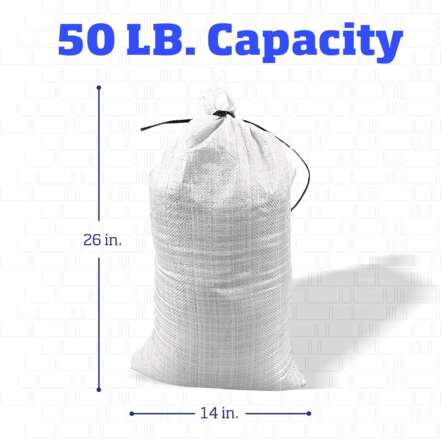 DURASACK Heavy Duty Sand Bags with Tie Strings Empty Woven Polypropylene Sand-Bags for Flood Control with 1600 Hours of UV Protection, 50 lbs Capacity, 14x26 inches, White, Pack of 100