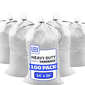DURASACK Heavy Duty Sand Bags with Tie Strings Empty Woven Polypropylene Sand-Bags for Flood Control with 1600 Hours of UV Protection, 50 lbs Capacity, 14x26 inches, White, Pack of 100