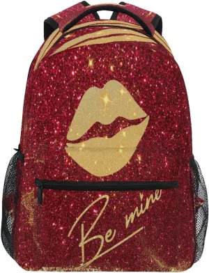 Dussdil Red Glitter Golden Lips Be Mine Kids Backpack Backpacks for Boys Girls, 16 inch Casual Daypack Back Pack Bag Zipper Travel Bags with Adjustable Shoulder Strap