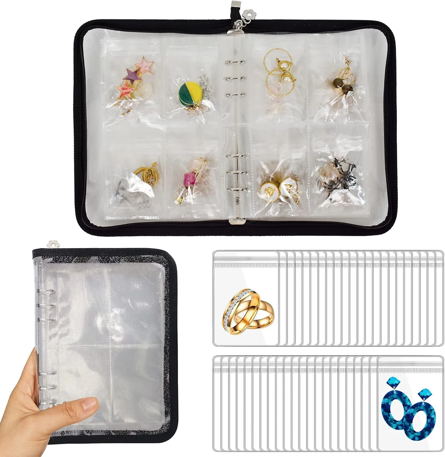 Earring Organizer Case Travel Jewelry Organizer Transparent Jewelry Storage Book for Necklace Bracelet Ring Holder with Small Clear Zippered Pouch