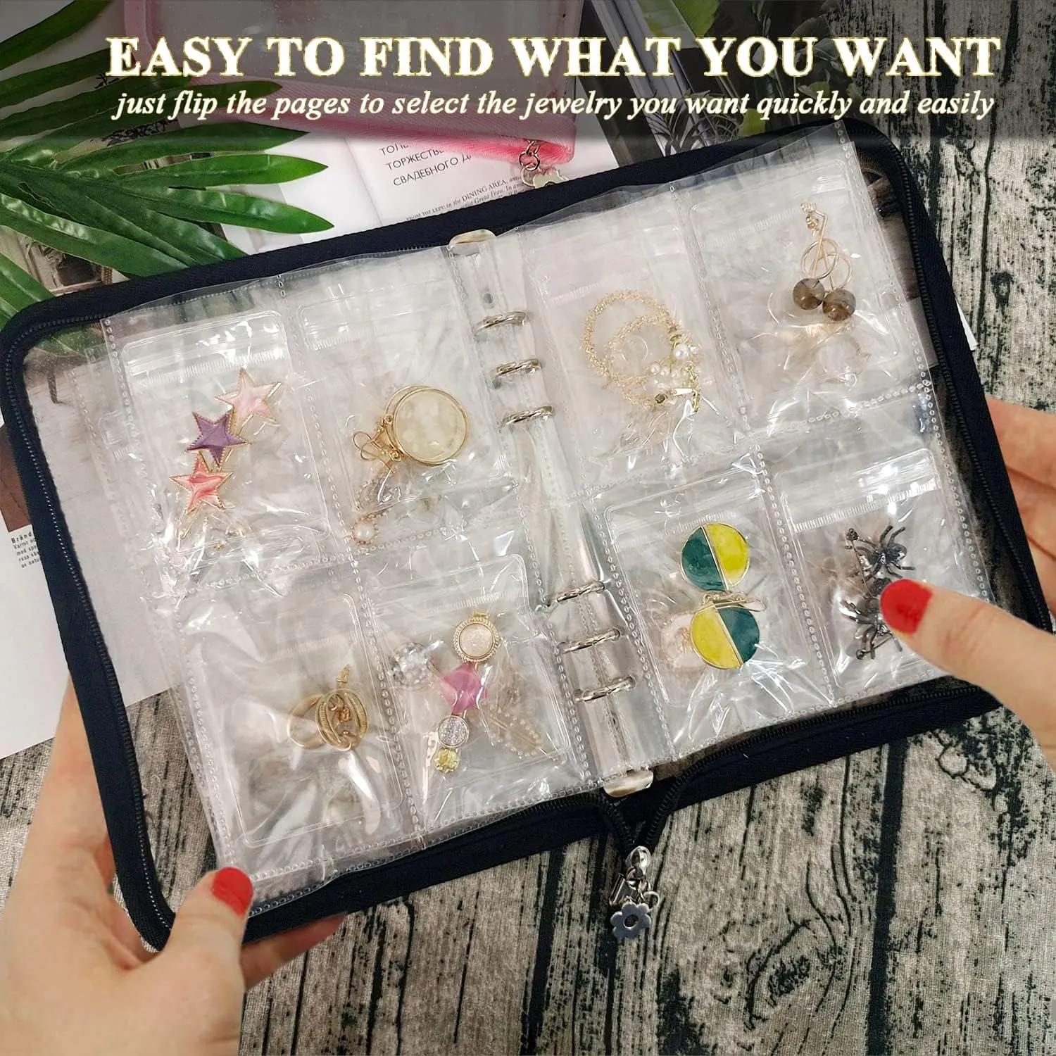 Earring Organizer Case Travel Jewelry Organizer Transparent Jewelry Storage Book for Necklace Bracelet Ring Holder with Small Clear Zippered Pouch