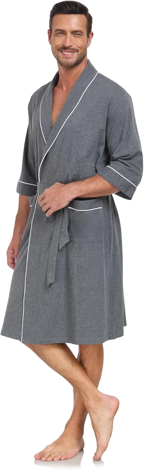 EA'S SECRET 100% Cotton Mens Lightweight Robe Summer Short Sleeve Bathrobe Soft Knee Length Robe with Pockets