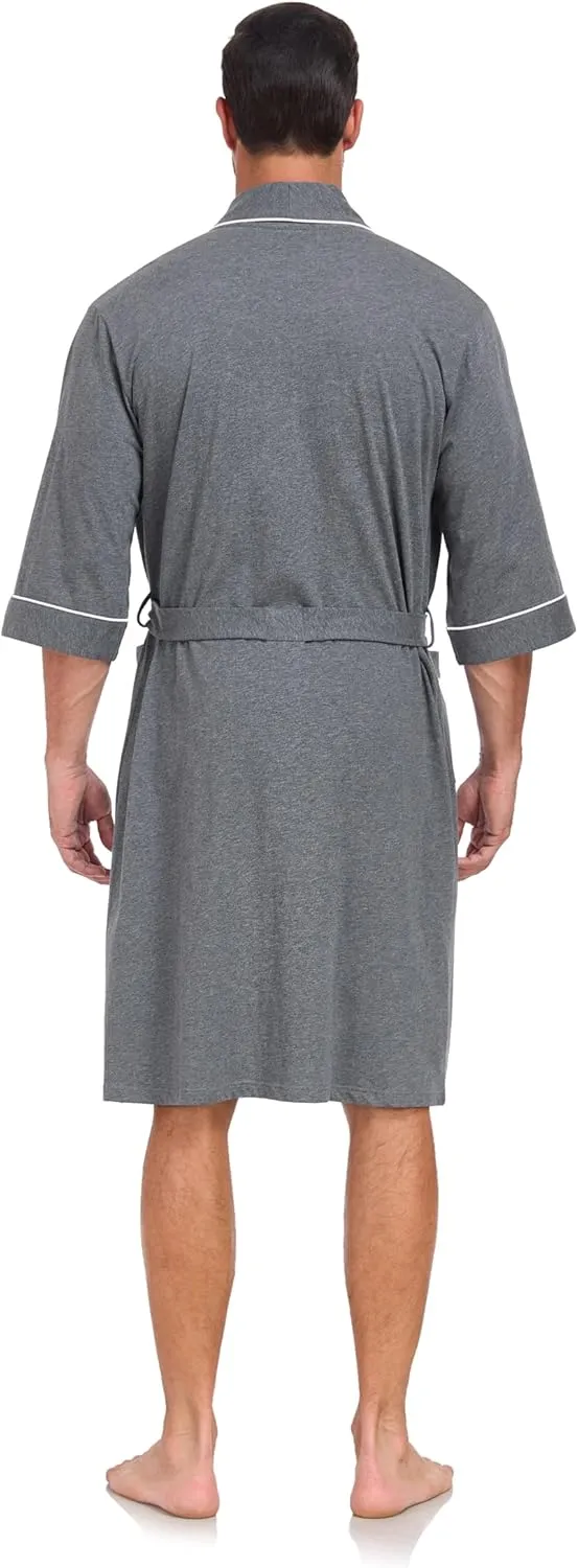 EA'S SECRET 100% Cotton Mens Lightweight Robe Summer Short Sleeve Bathrobe Soft Knee Length Robe with Pockets