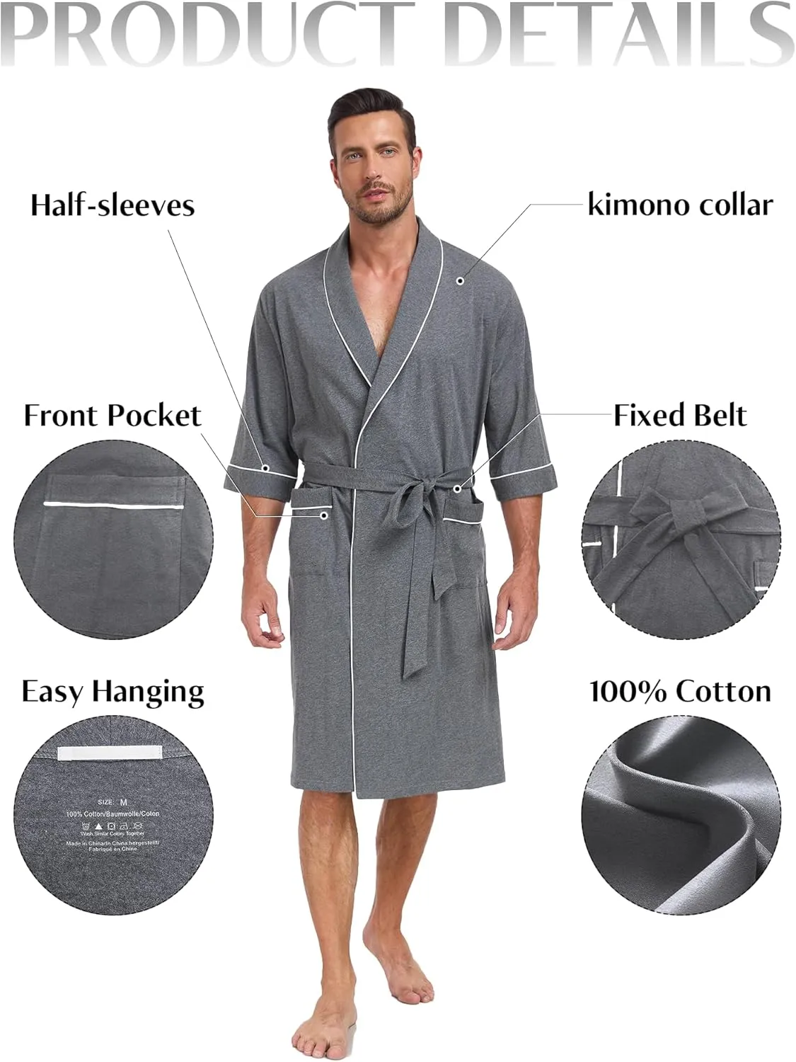 EA'S SECRET 100% Cotton Mens Lightweight Robe Summer Short Sleeve Bathrobe Soft Knee Length Robe with Pockets