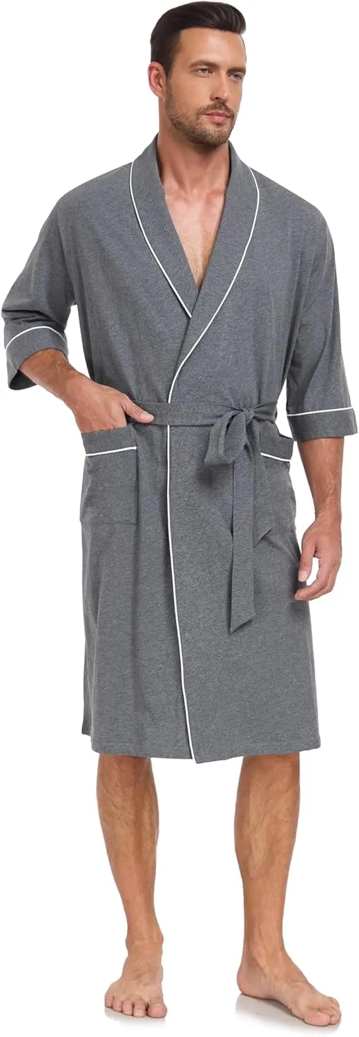 EA'S SECRET 100% Cotton Mens Lightweight Robe Summer Short Sleeve Bathrobe Soft Knee Length Robe with Pockets