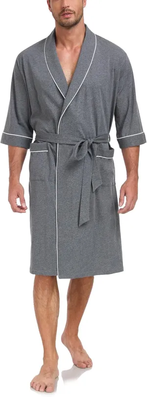 EA'S SECRET 100% Cotton Mens Lightweight Robe Summer Short Sleeve Bathrobe Soft Knee Length Robe with Pockets