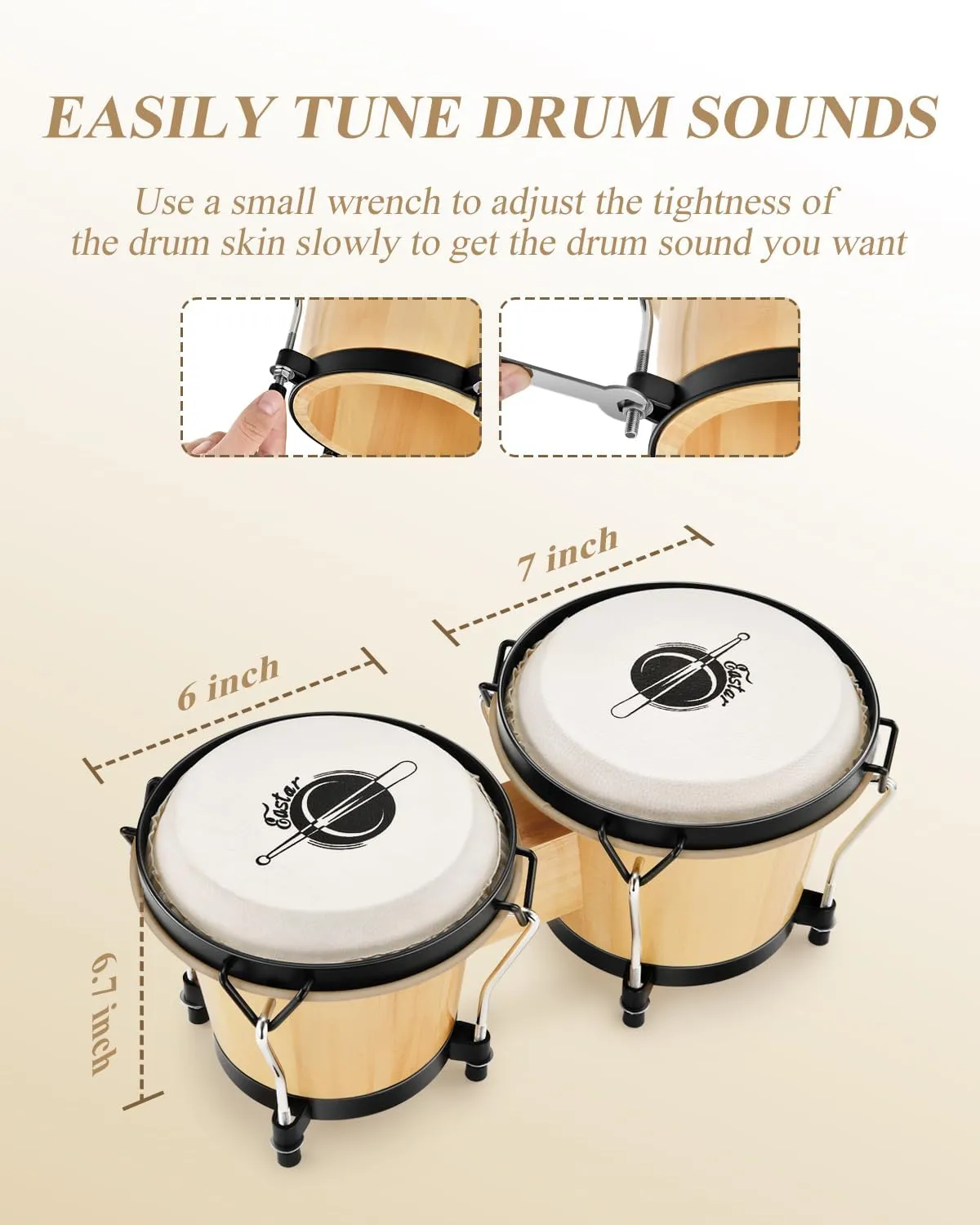 Eastar Bongo Drums 6” and 7” Wood Percussion Instrument Bongos for Kids Adults Beginners Natural Finish, EBO-1