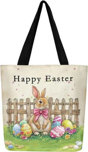 Easter Eggs Canvas Tote Bag,Daisy Pink Roses Tote Bag,Easter Theme Shopping Grocery Bags