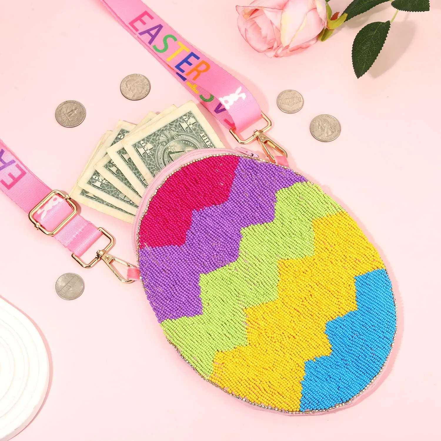 Easter Purse for Women Beaded Colorful Egg Bunny Crossbody Purse Easter Rabbit Shoulder Bag Spring Holiday Gifts