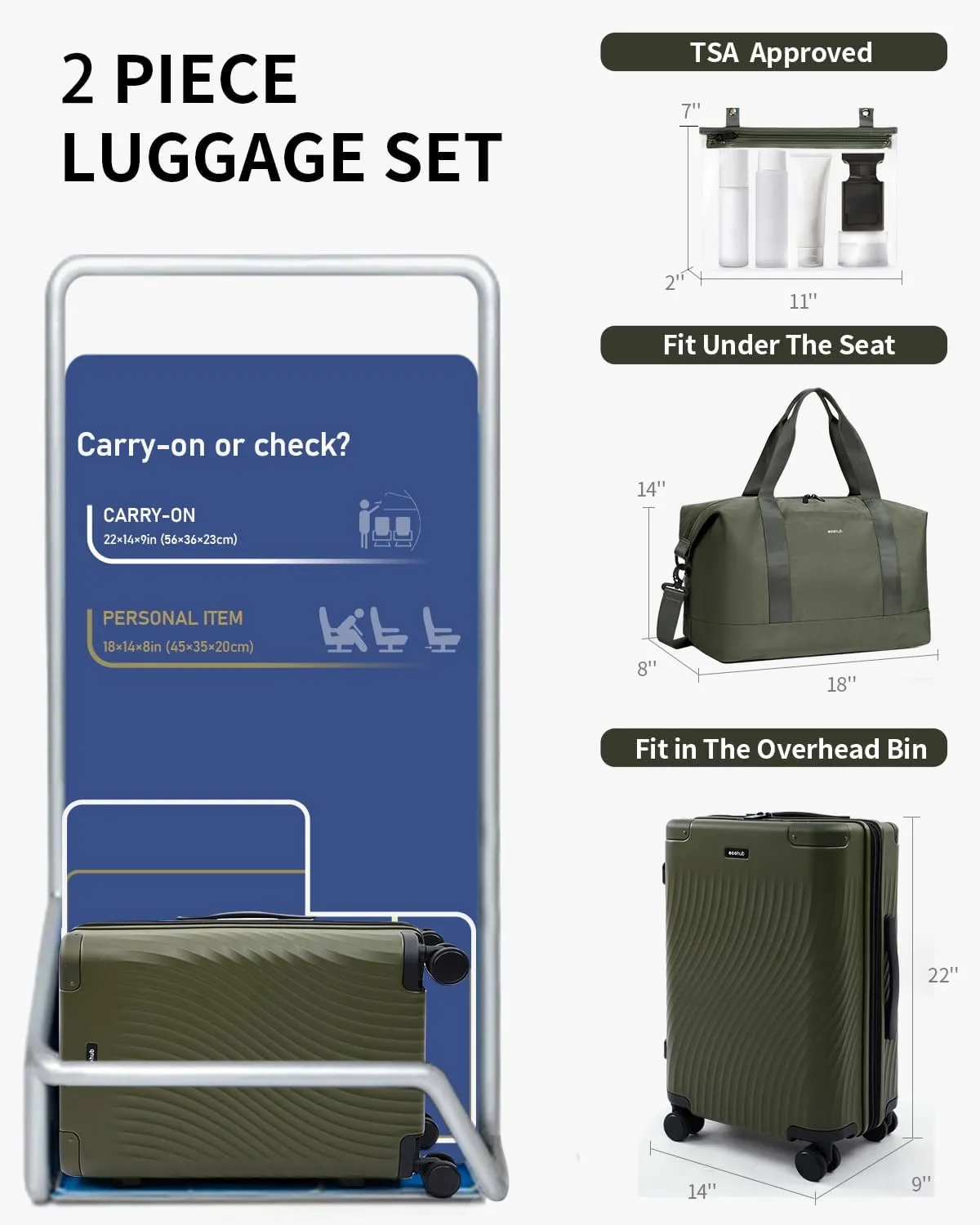ECOHUB Hardside Expandable Carry On Luggage, Recycled PC 20" Rolling Luggage 22x14x9 Airline Approved with Spinner Wheels & TSA Lock, Lightweight Small Hardshell Travel Suitcase, 20inch Carry-on Green