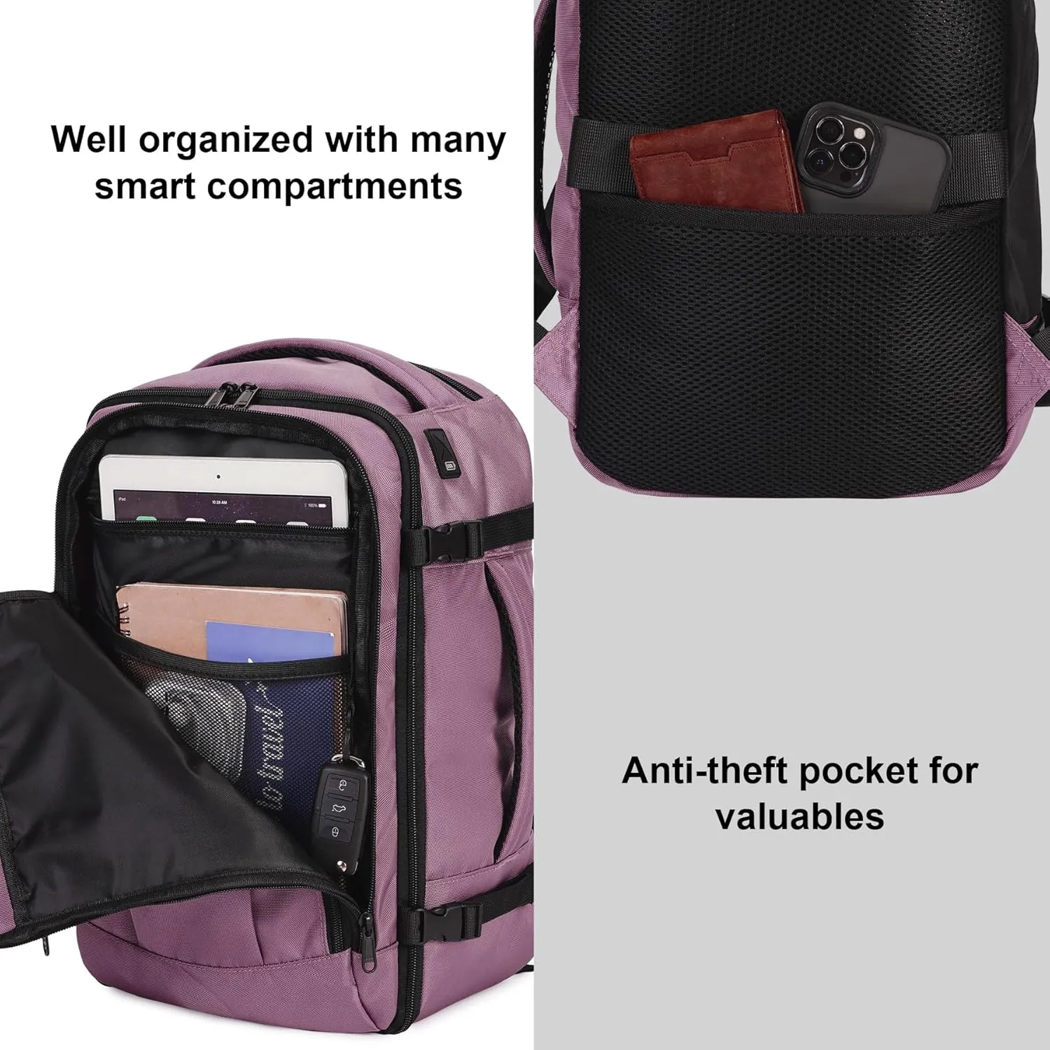 ECOHUB Travel Backpack 18x14x8 Spirit Airlines Personal Item Bag Carry On Backpack 13 Pockets Large Work Casual Daypack for men Airline Approved Waterproof Gym Backpacks with Charging Port, Pink