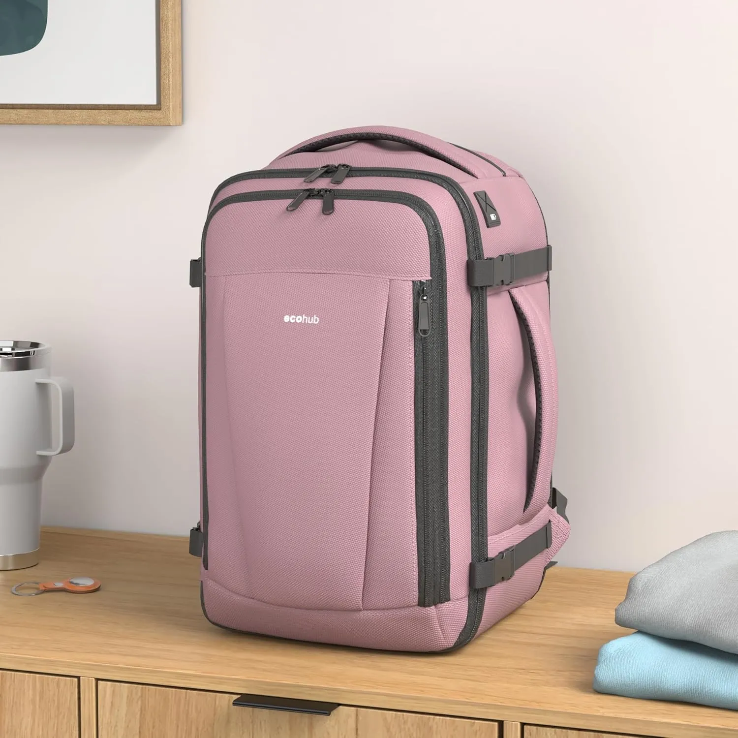 ECOHUB Travel Backpack 18x14x8 Spirit Airlines Personal Item Bag Carry On Backpack 13 Pockets Large Work Casual Daypack for men Airline Approved Waterproof Gym Backpacks with Charging Port, Pink