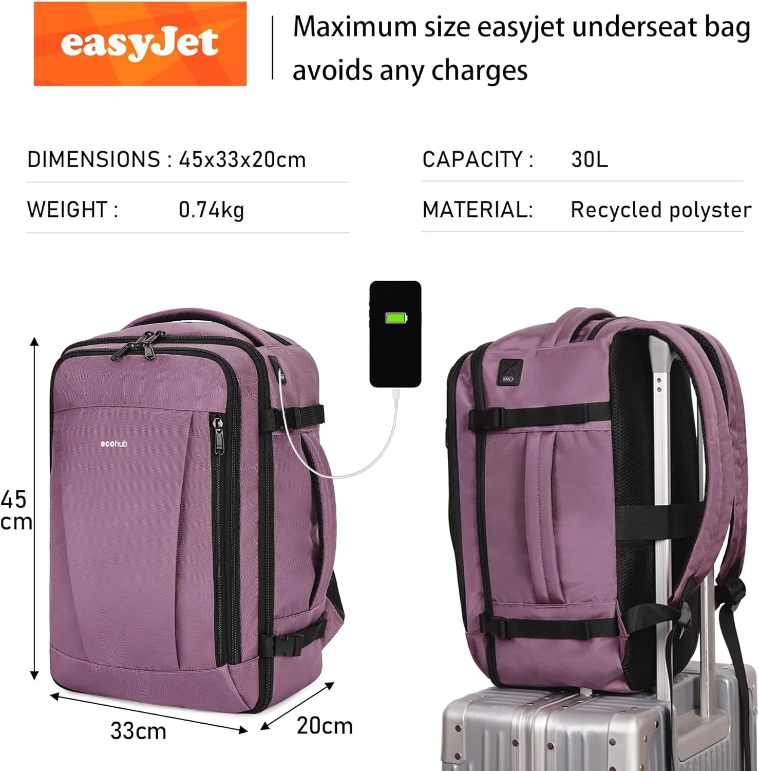ECOHUB Travel Backpack 18x14x8 Spirit Airlines Personal Item Bag Carry On Backpack 13 Pockets Large Work Casual Daypack for men Airline Approved Waterproof Gym Backpacks with Charging Port, Pink