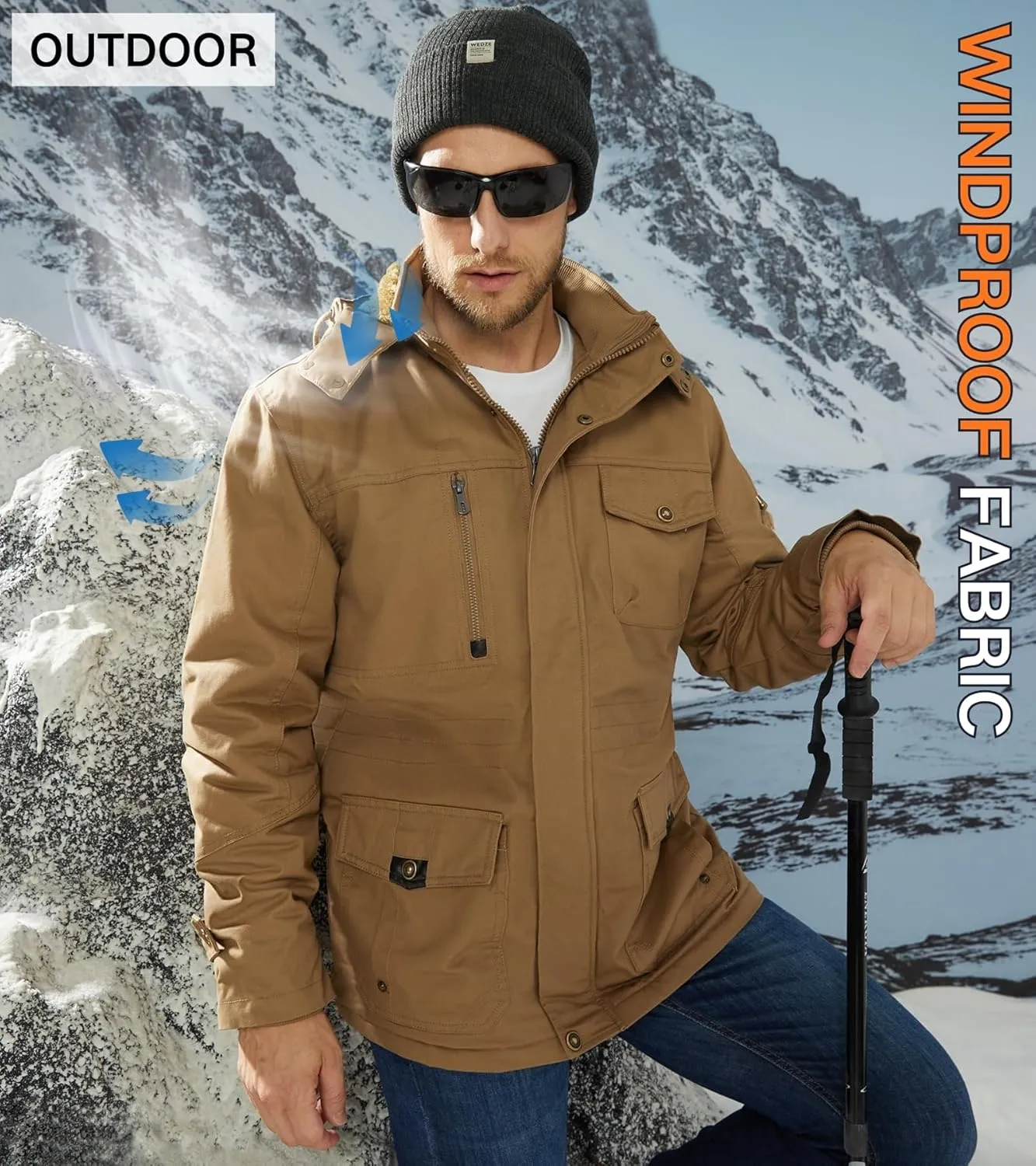 EKLENTSON Men's Winter Coat Fleece Lined Military Jacekt Thick Cotton Parka Jacket Warm Cargo Jacket Work Coat with Hood