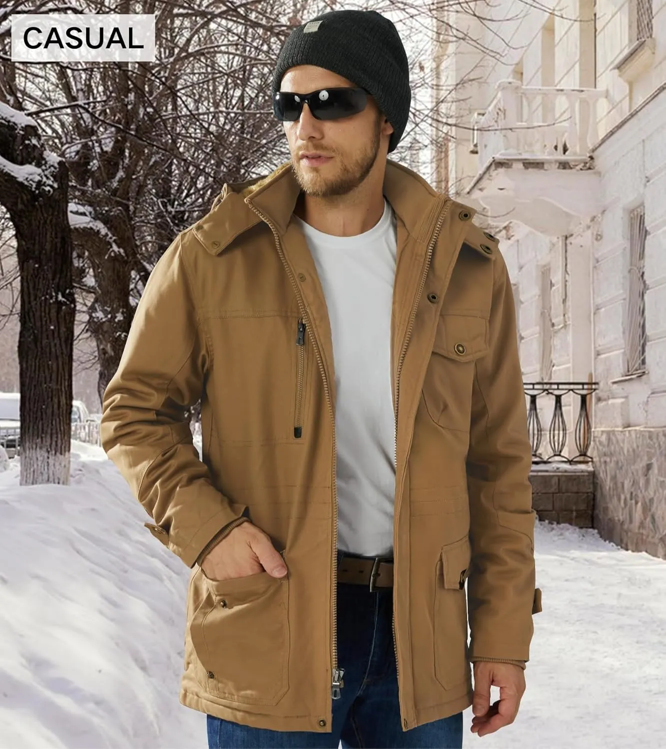 EKLENTSON Men's Winter Coat Fleece Lined Military Jacekt Thick Cotton Parka Jacket Warm Cargo Jacket Work Coat with Hood