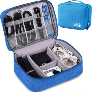 Electronics Accessories Organizer Bag, Universal Travel Digital Accessories Storage Bag for Portable Charger, Cables, Earphone, Ipad Mini, iPhone, Cord, Customize Inside with Dividers - Blue