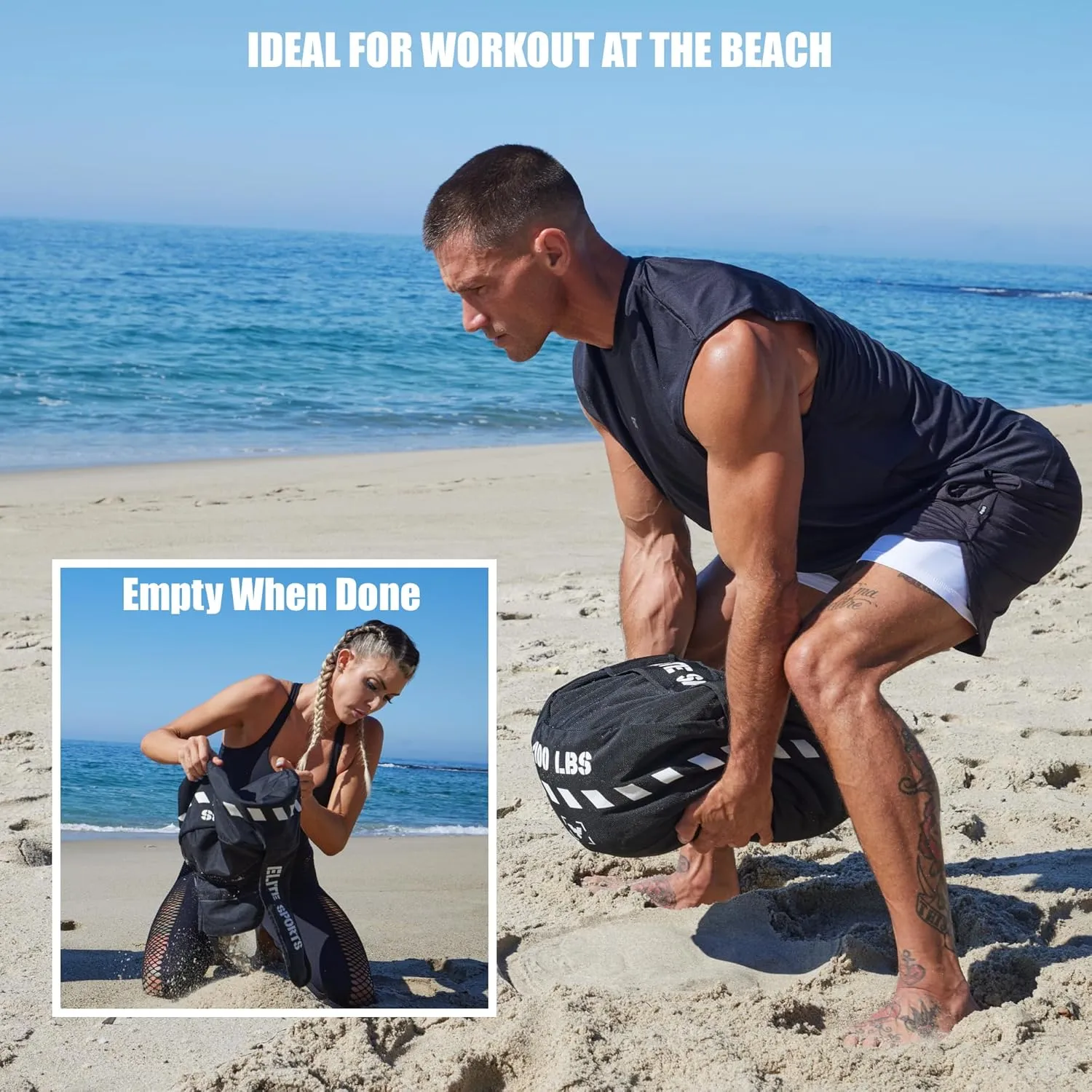 Elite Sports Workout Sandbag, Unfilled Heavy-Duty Strongman Sand Bags for Full-Body & Core Training, Weight Lifting, Combat Conditioning