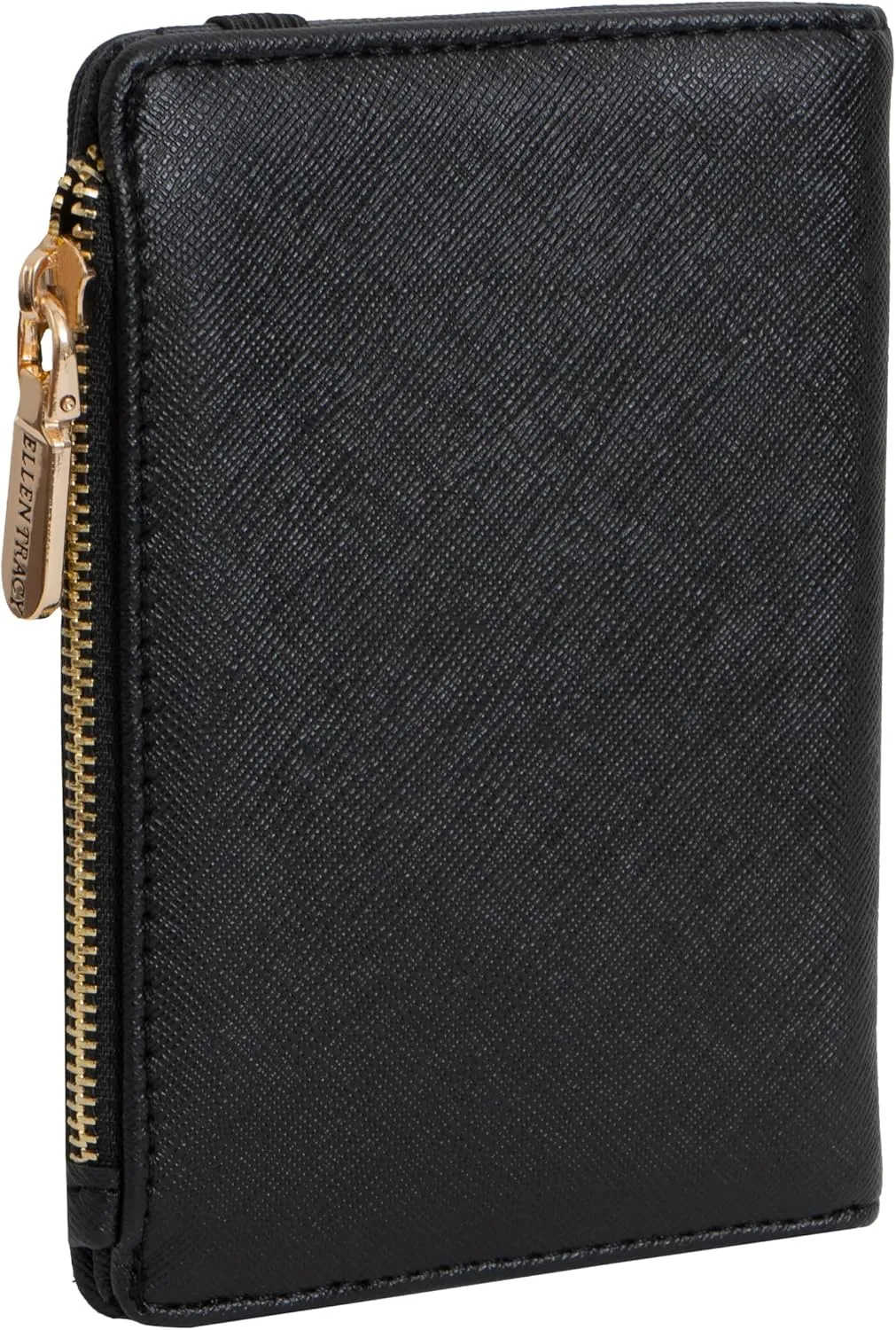 ELLEN TRACY Faux Leather Saffiano Passport Holder with Zippered Compartment Credit Card Slots & Elastic Compression Band Case (Black)
