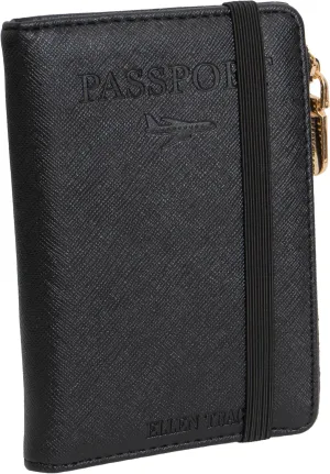 ELLEN TRACY Faux Leather Saffiano Passport Holder with Zippered Compartment Credit Card Slots & Elastic Compression Band Case (Black)