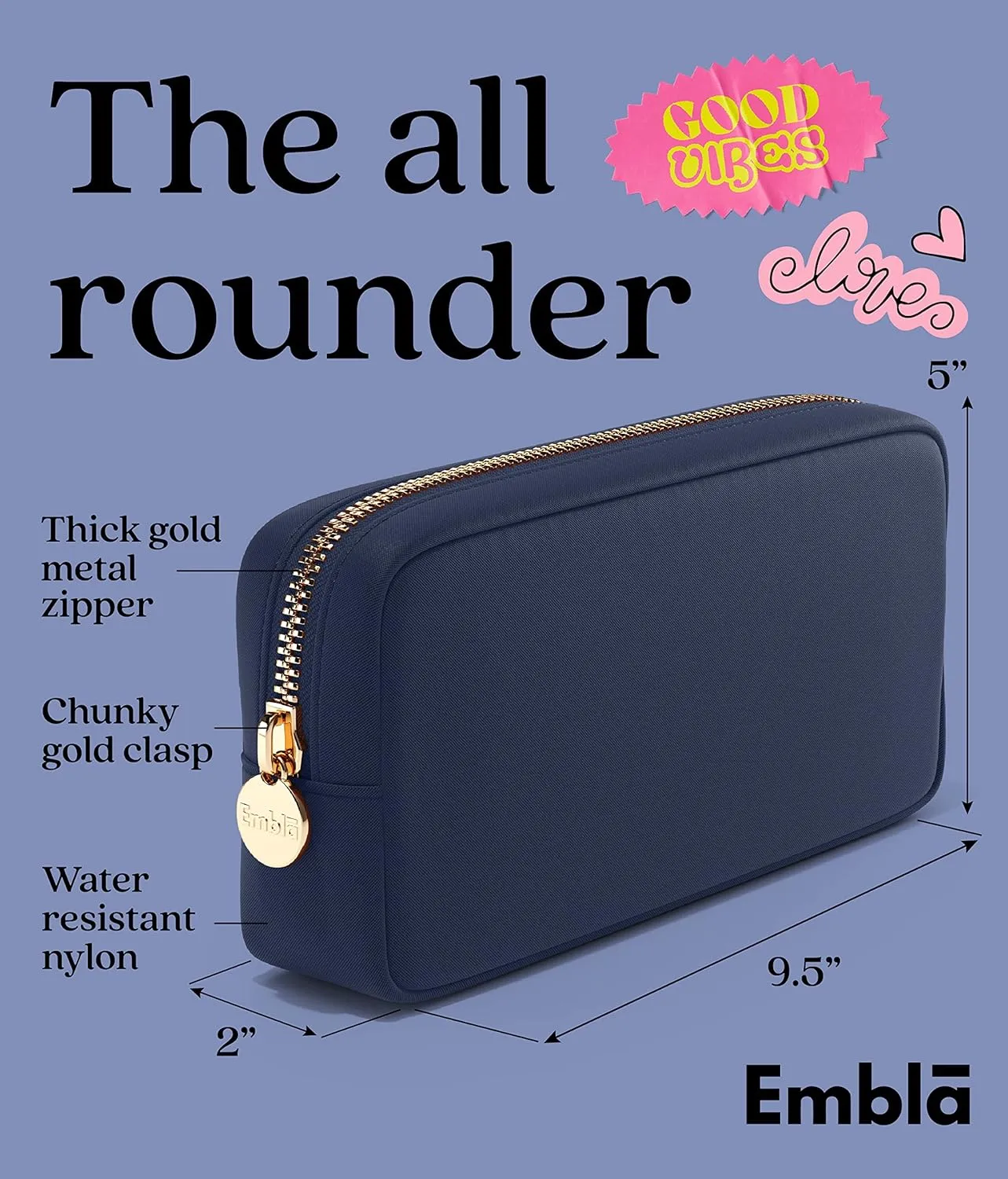 Embla Makeup Bag Travel Cosmetics Pouch and Toiletry Bag, Nylon Zipper Pouch Purse, Cute Make Up Organizer Storage Tote for Women Girls, Travel Skincare Case, Small Makeup Bags, Sapphire