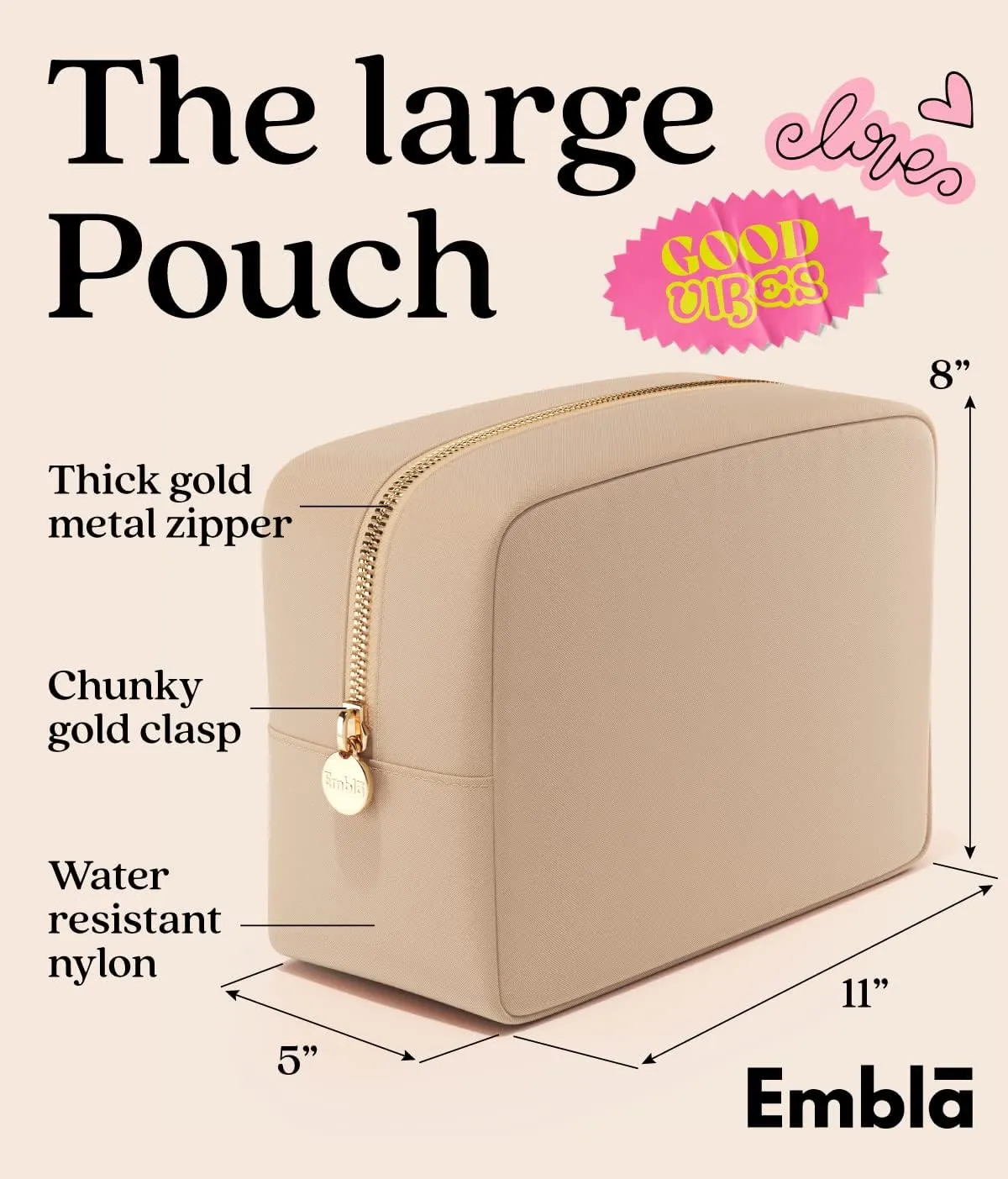 Embla Makeup Bag Travel Cosmetics Pouch and Toiletry Bag, Nylon Zipper Pouch Purse, Cute Make Up Organizer Storage Tote for Women Girls, Waterproof Travel Skincare Case, Large Makeup Bags, Sand
