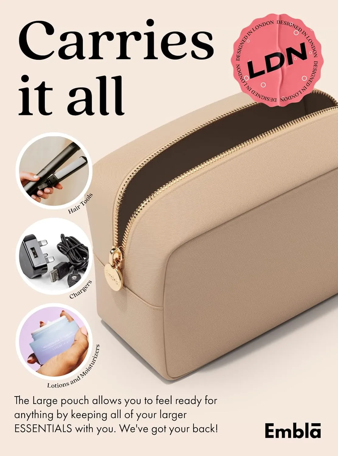 Embla Makeup Bag Travel Cosmetics Pouch and Toiletry Bag, Nylon Zipper Pouch Purse, Cute Make Up Organizer Storage Tote for Women Girls, Waterproof Travel Skincare Case, Large Makeup Bags, Sand