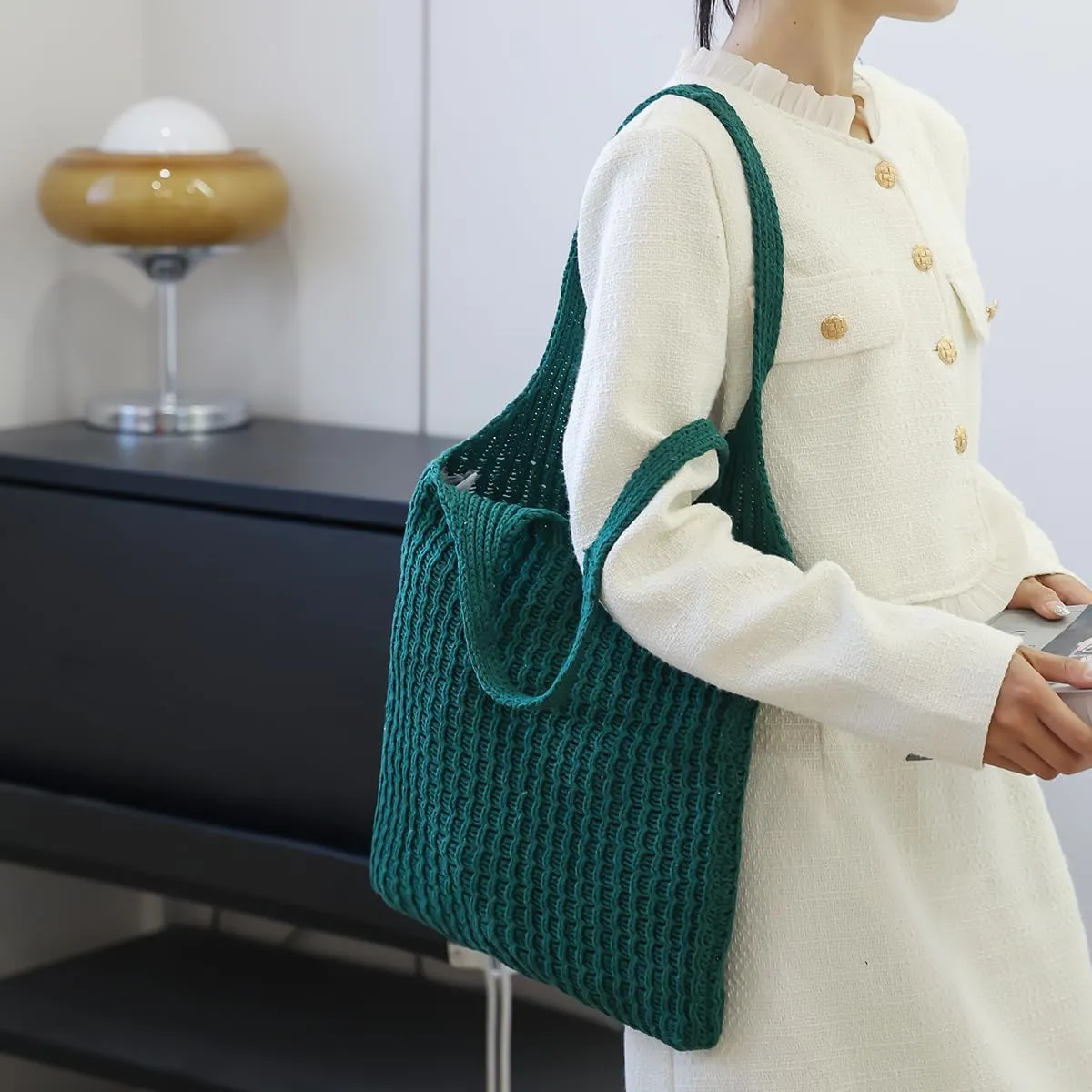 ENBEI Handmade Crochet Shoulder Bag for Women, Foldable and Lightweight Polyester Tote, Stylish & Practical Travel Purse