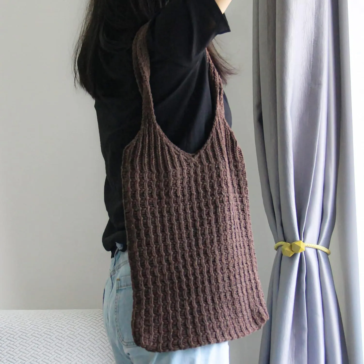 ENBEI Handmade Crochet Shoulder Bag for Women, Foldable and Lightweight Polyester Tote, Stylish & Practical Travel Purse