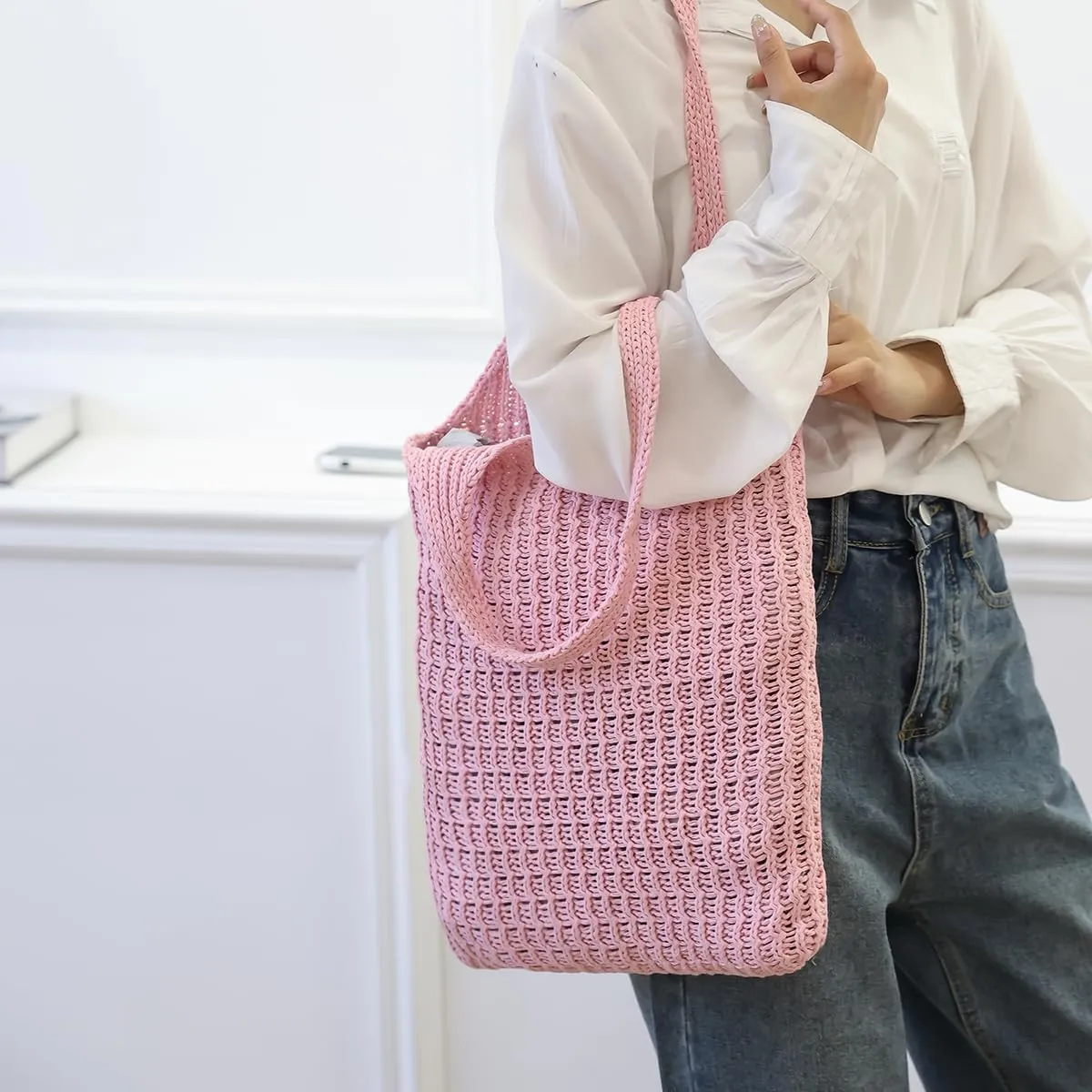 ENBEI Handmade Crochet Shoulder Bag for Women, Foldable and Lightweight Polyester Tote, Stylish & Practical Travel Purse