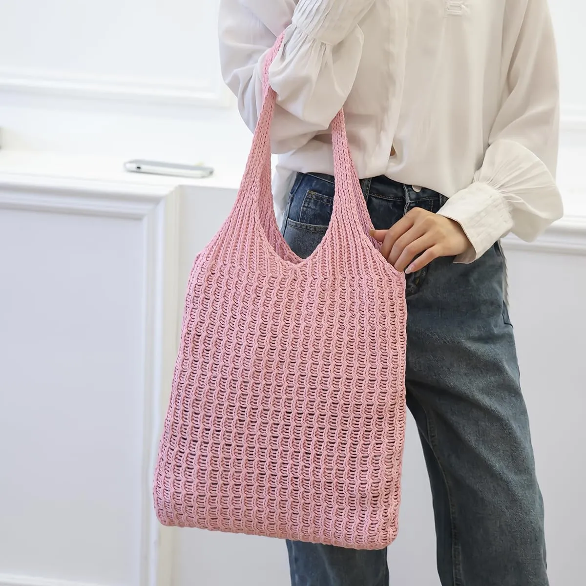 ENBEI Handmade Crochet Shoulder Bag for Women, Foldable and Lightweight Polyester Tote, Stylish & Practical Travel Purse